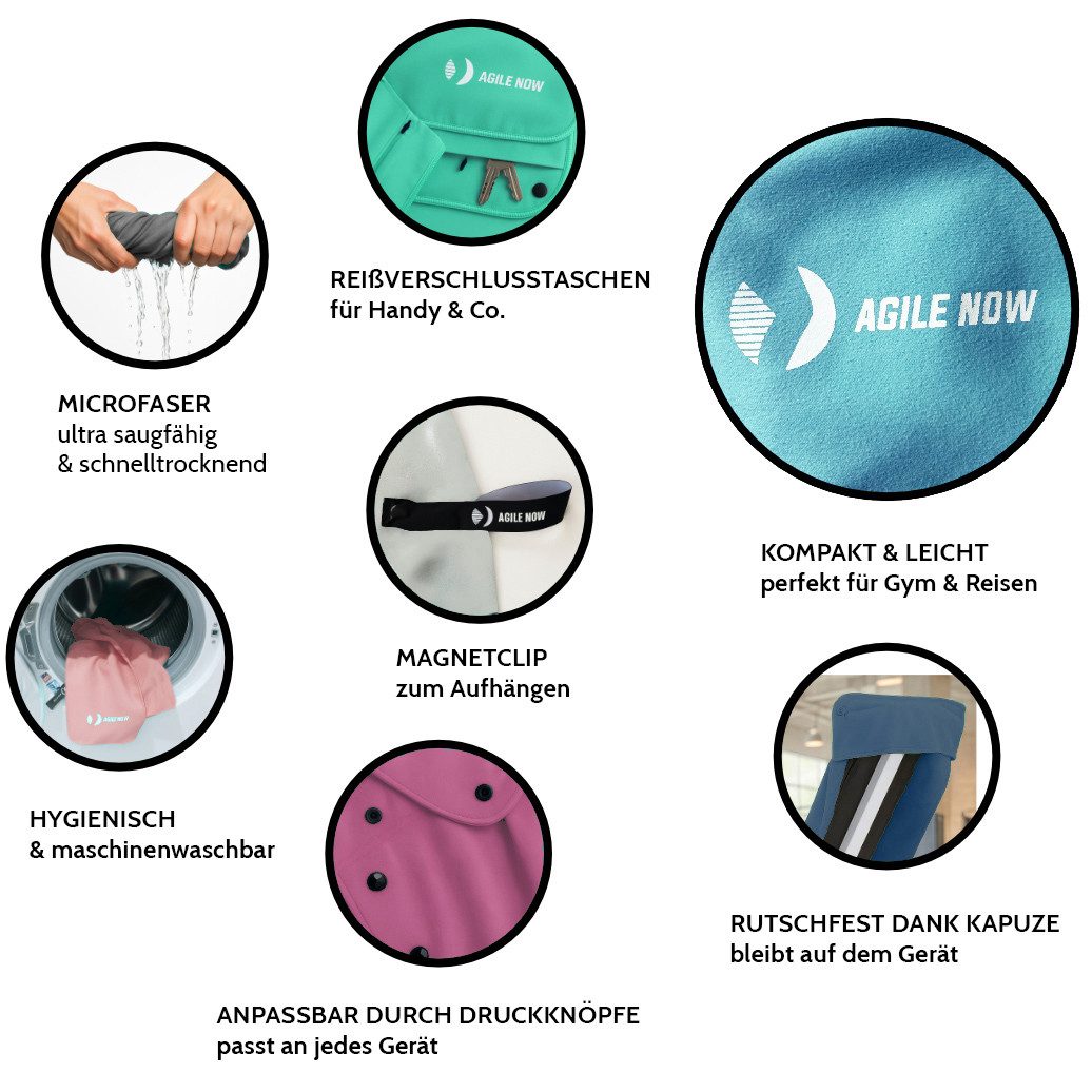 AGILE NOW Sporthandtuch Magnet Fitness-Handtuch aus Mikrofaser, Rutschfest & Schnelltrocknend, Mit Reißverschlusstaschen & Kapuze