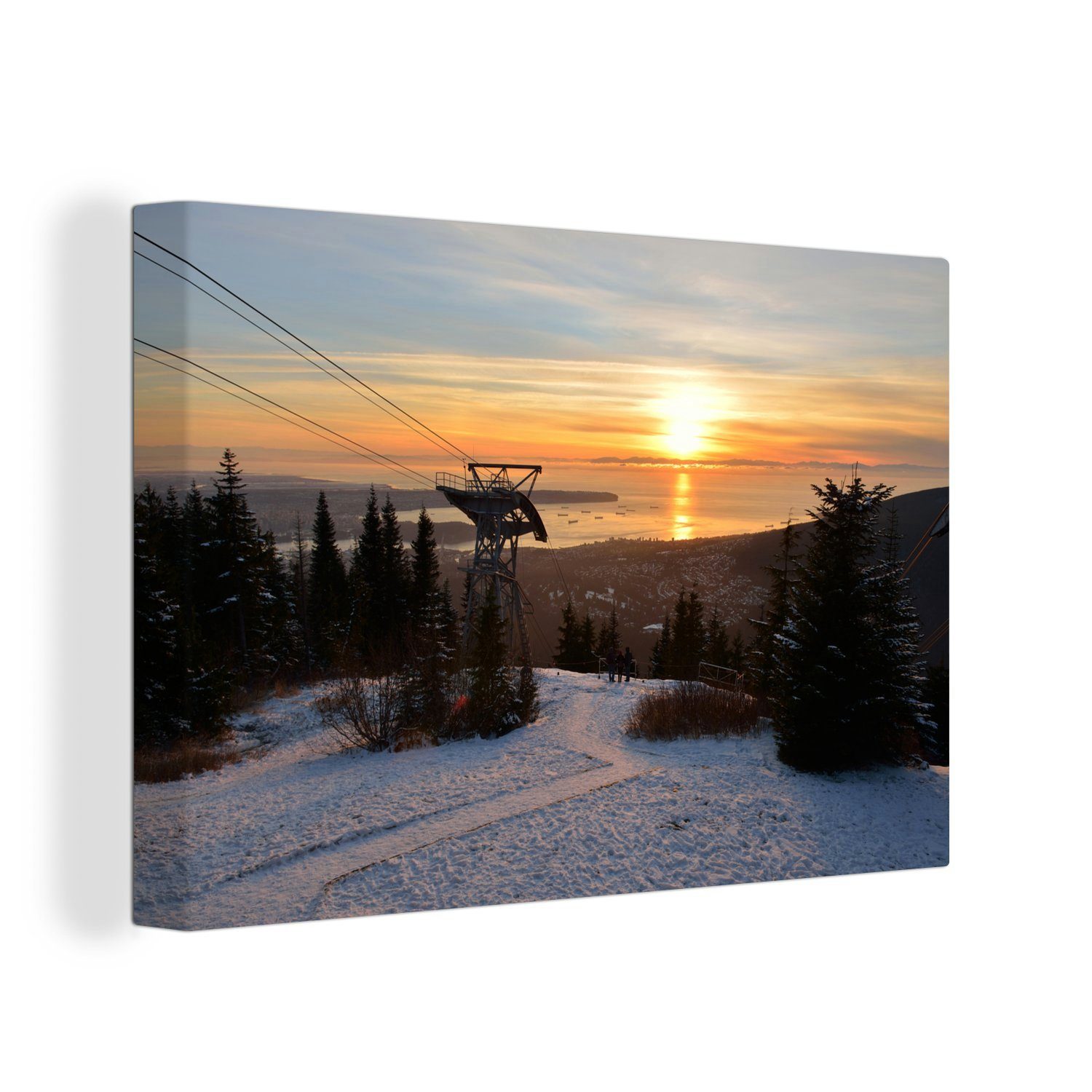 OneMillionCanvasses® Leinwandbild Sonnenuntergang mit Skilift am Grouse Mountain in Vancouver, Kanada, (1 St), Wandbild Leinwandbilder, Aufhängefertig, Wanddeko, 30x20 cm