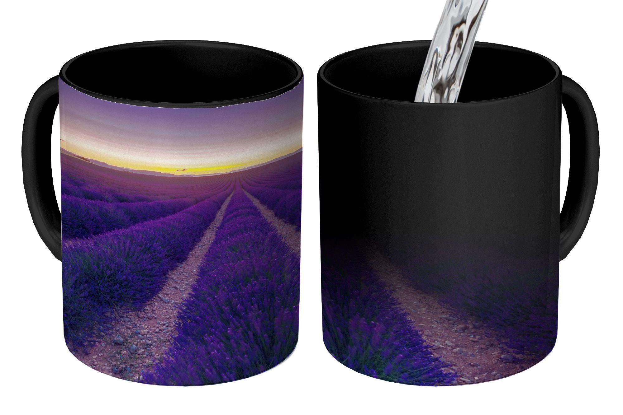 MuchoWow Tasse Lila Himmel über Reihen in einem Lavendelfeld, Keramik, Farbwechsel, Kaffeetassen, Teetasse, Zaubertasse, Geschenk