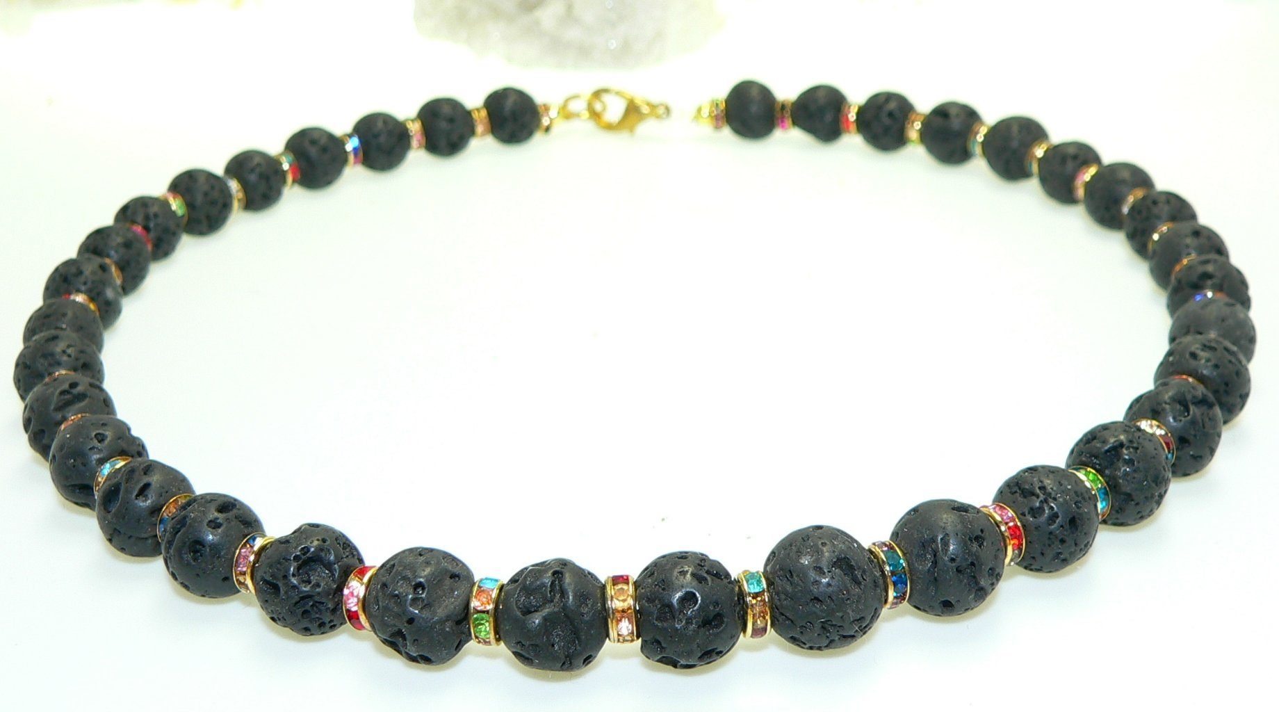 traumschmuck Kette ohne Anhänger 194d Halskette Lavaperle schwarz 10mmØ Strass gold multicolor (Geschenke, Muttertag, Valentinstag, Weihnachten, Geburtstag, incl. Schmuckbox), handgefertigt, Made in Germany