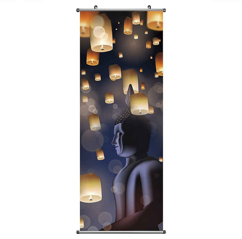 GalaxyCat Poster Asiatisches Buddha Kakemono, Rollbild aus Stoff 100x40cm, Motiv:, Himmels Laternen, Buddha Rollbild / Wallscroll