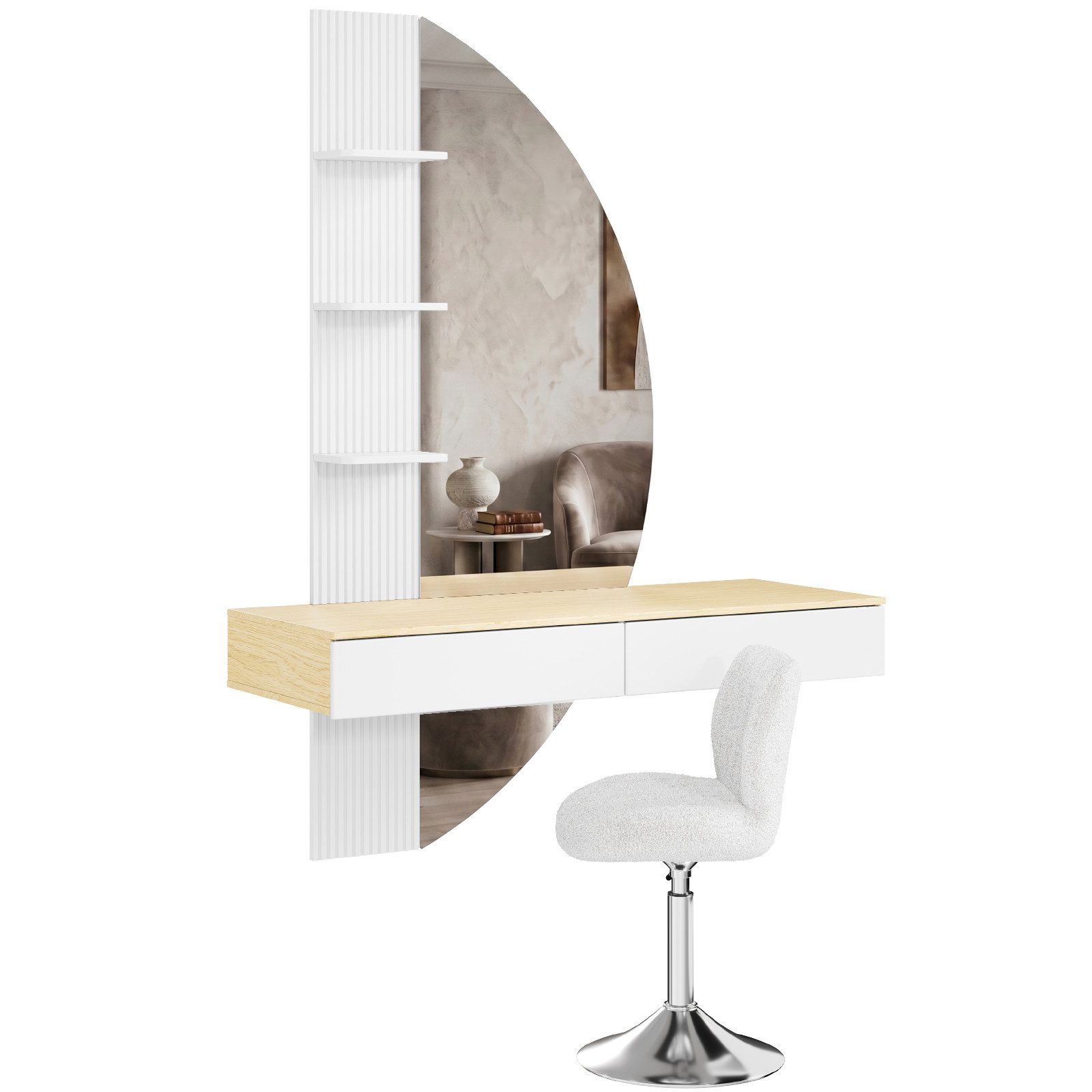 HOMALL Schminktisch Hängender Schminktisch mit LED-Beleuchtung (Maße: 106 × 40 × 143 cm, mit 3 offenen Ablagefächern, 2 Schubladen und drei einstellbaren Farbte – Bild 2 von 5