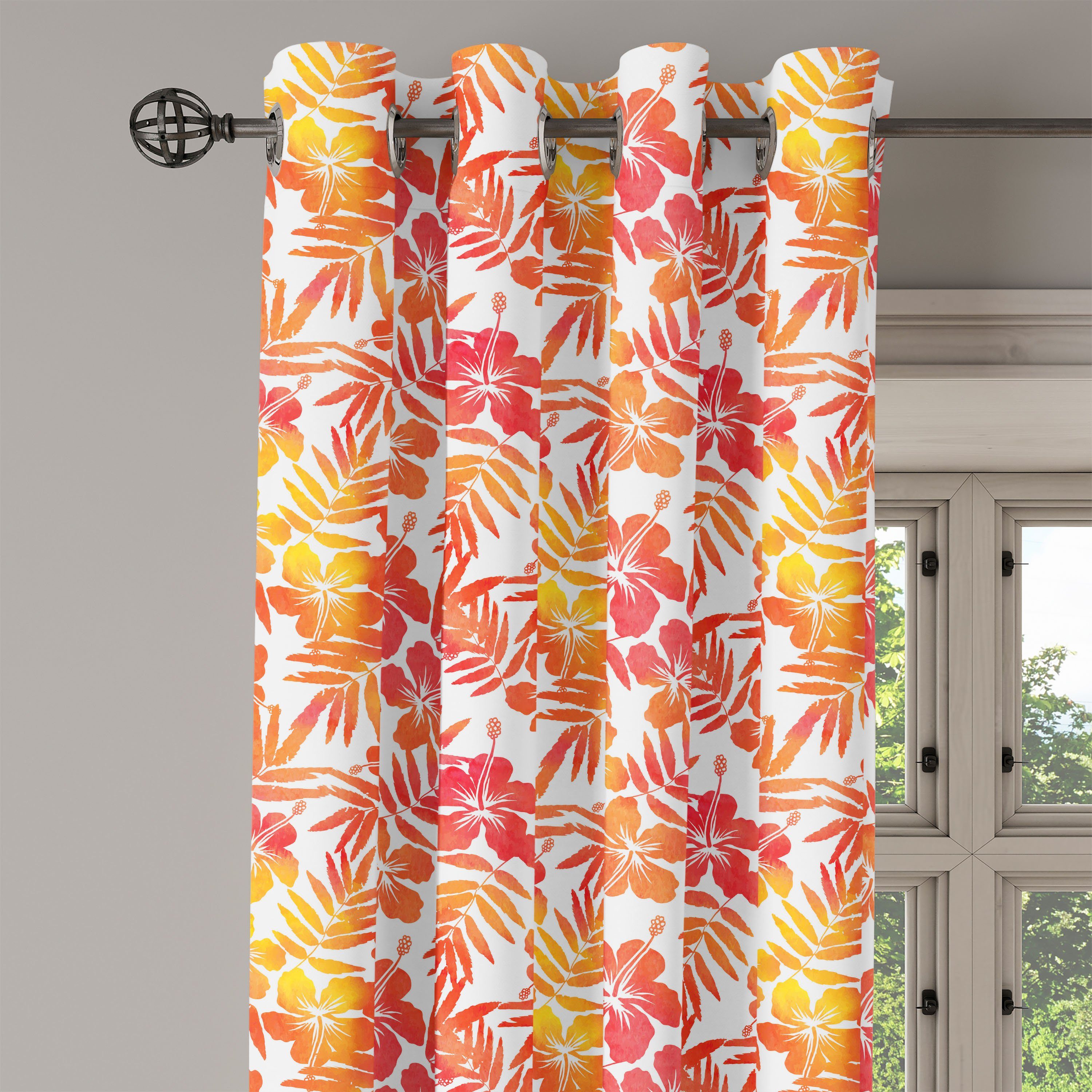 Wohnzimmer, Hibiscus-Blumen-Kunst hawaiisch Schlafzimmer Abakuhaus, 2-Panel-Fenstervorhänge Dekorative Gardine für