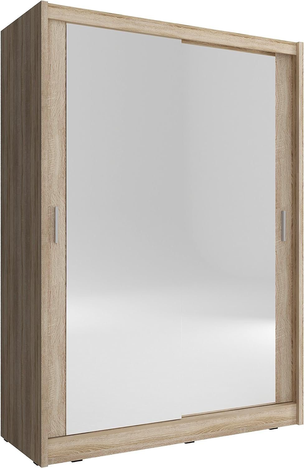 Spiegel mit 2 Kleiderschrank Sonoma Schiebtüren, Kleiderstange) 130/150x200x60cm Gaderobe (BxHxT): (Wohnzimmerschrank mit MOEBLO Einlegeböden und Borneo 2-türig Schwebetürenschrank A2 Schrank