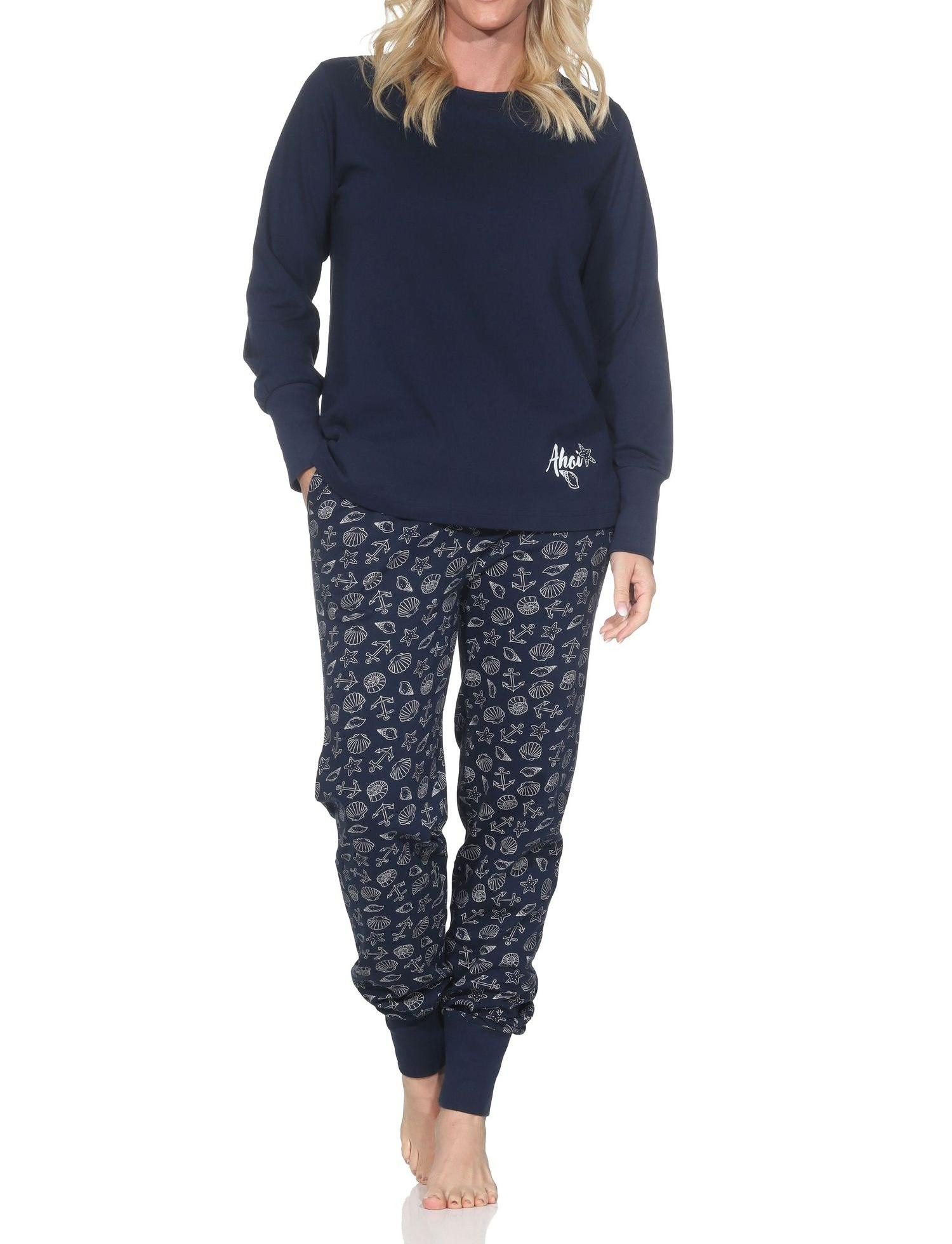 Normann Pyjama Normann Damen Schlafanzug mit Bündchen in maritimer Optik – Bild 2 von 5