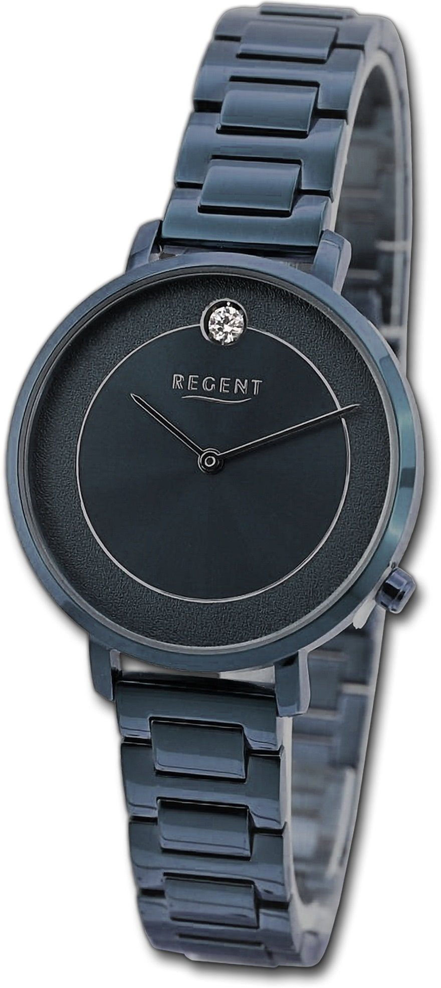 Regent Quarzuhr Regent Damen Armbanduhr Analog, Damenuhr Metallarmband blau, rundes Gehäuse, extra groß (ca. 35mm)