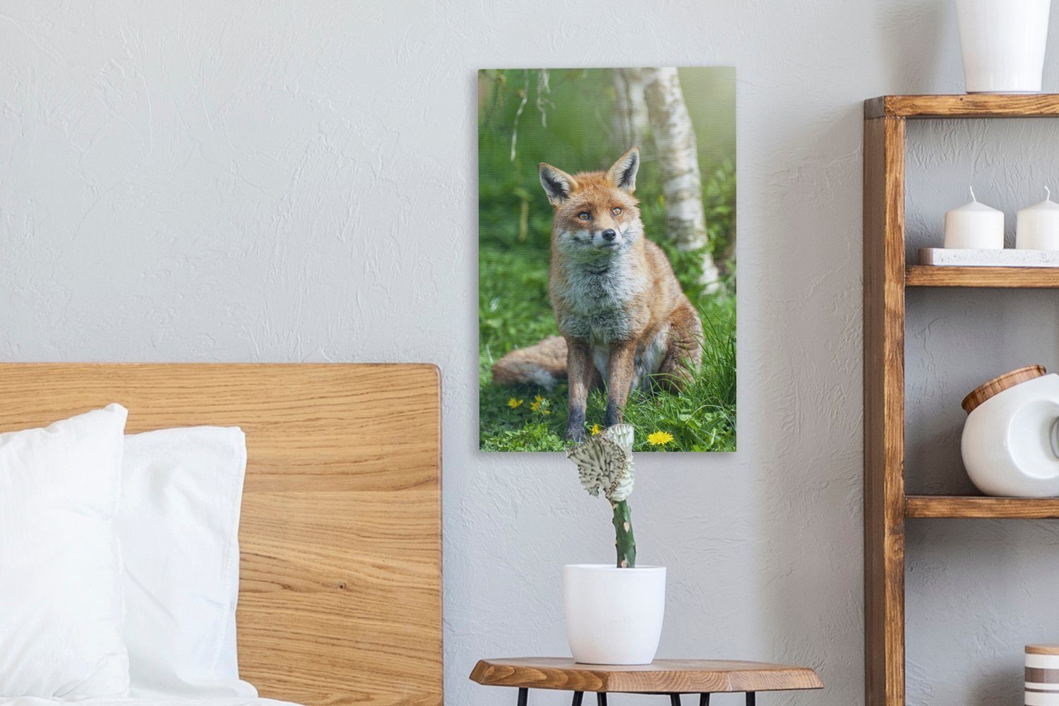 (1 Zackenaufhänger, Leinwandbild 20x30 cm Leinwandbild Fuchs Tiere Gras, - - - OneMillionCanvasses® Blumen bespannt inkl. Gemälde, fertig St),