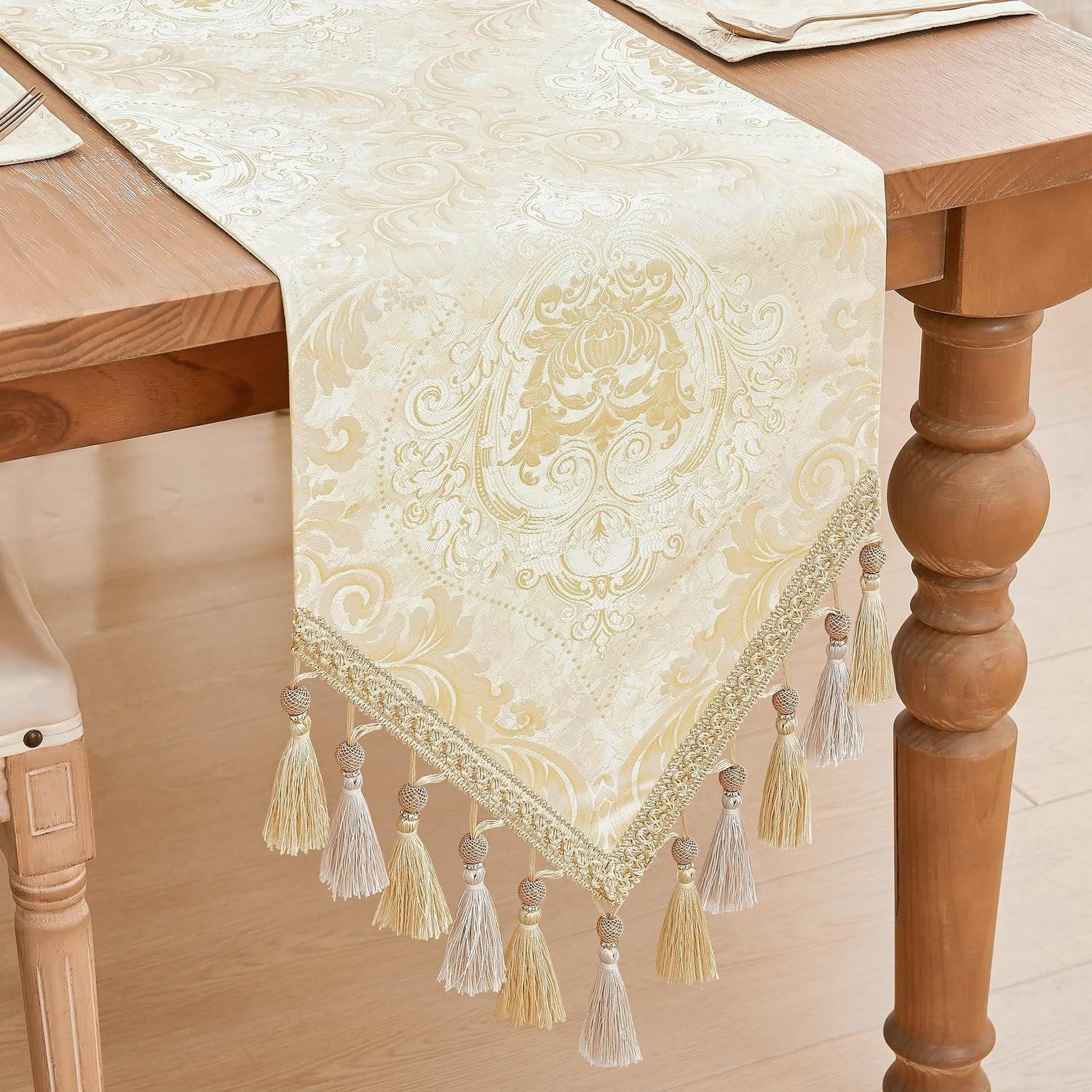 LuxusKollektion Tischläufer Tischläufer mit Quasten Hellgold 33x228cm (1-tlg)