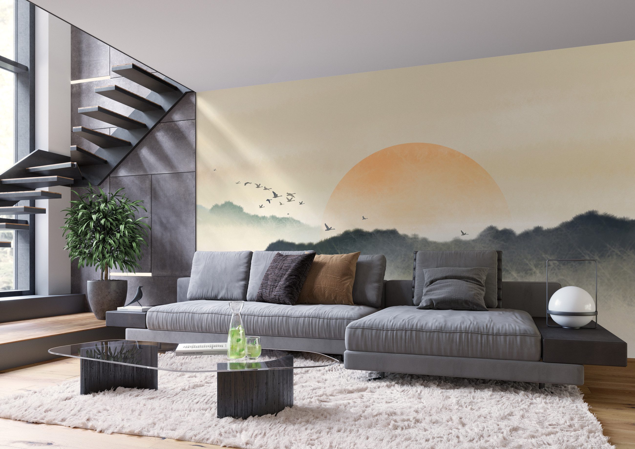 Rasch Fototapete Sonnenaufgang Berge mit Vögeln - Vliestapete Beige, bedruckt, (1 Rolle, 1 St., 2,65 m x 7,42 m), Lichtbeständige Farben - Feucht abwischbar - Restlost abziehbar