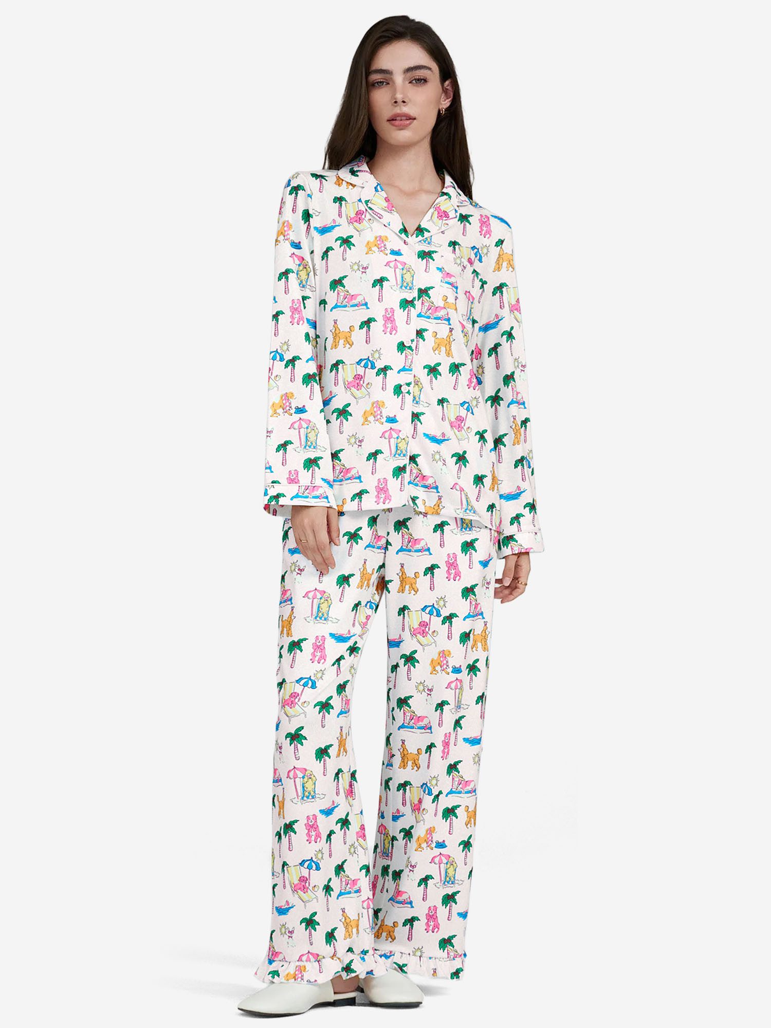 Imily Bela Hausanzug Damen Zweiteiliger Pyjama-Set (Set, 2 tlg., Print Hemd + weiter Hose) mit Knopfleiste