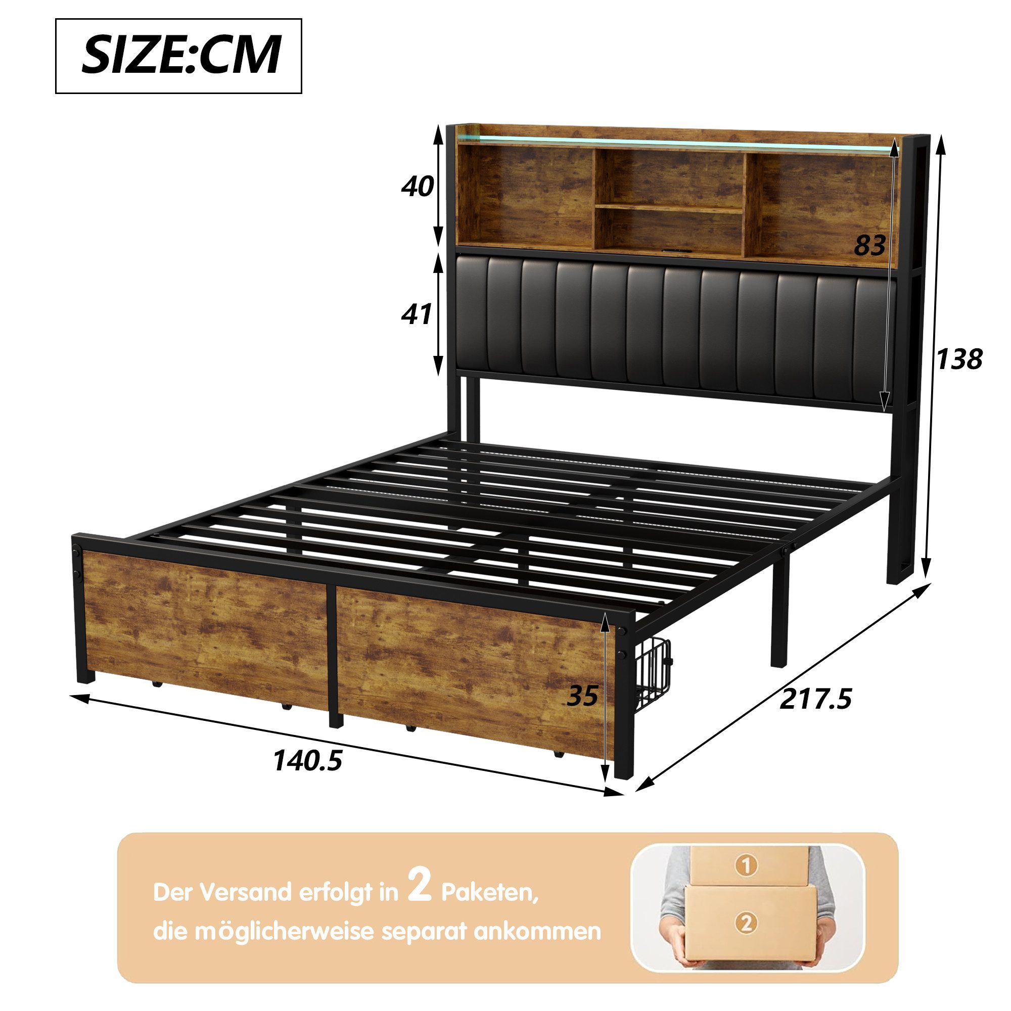 Furnishings Home Polsterbett LED Stauraumbett Doppelbett (Multifunktionsbett, USB + TYPE-C), Mit LED-Beleuchtung, 2 Schubladen, Ladefunktion, Kunstleder,140x200 cm