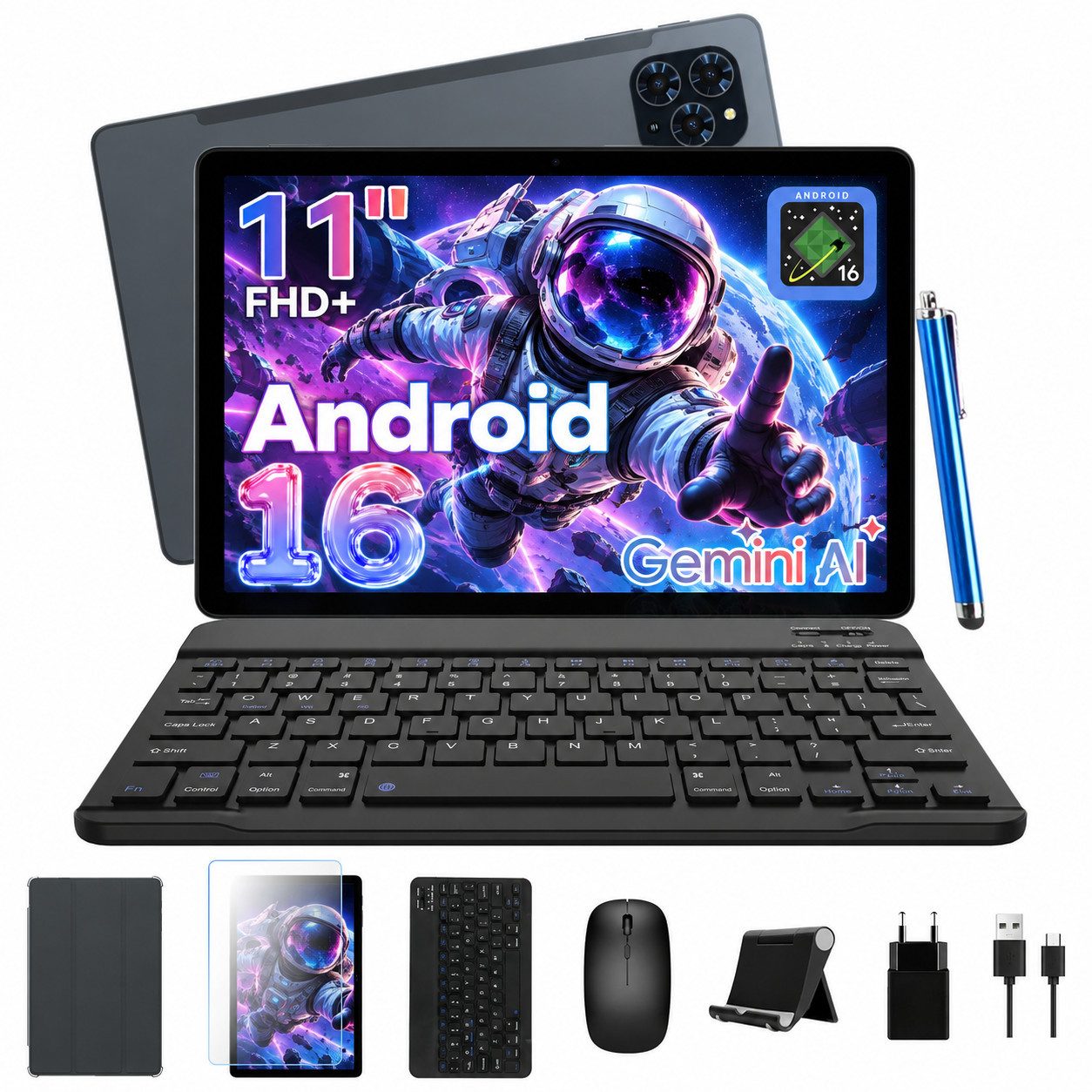 Zenva T90 11 Zoll Android 16 FHD IPS 128GB mit Tastatur Stift Maus Tablet (11", 128 GB, Android 16, FHD Display, Widevine L1, Gemini AI, mit Tastatur/Hülle/Maus)