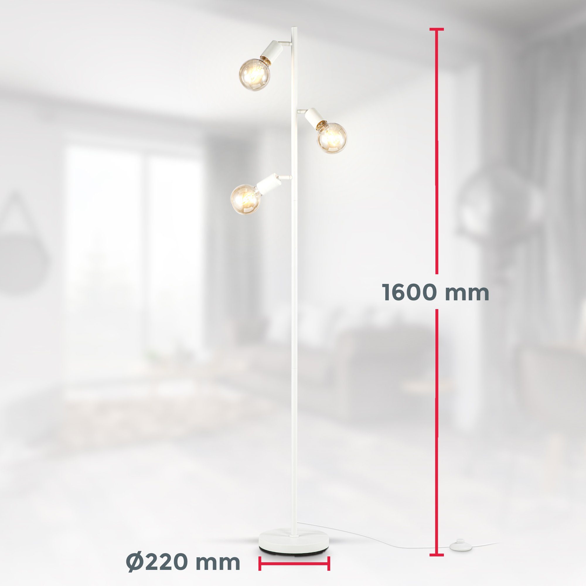 B.K.Licht Stehlampe, ohne Retro, Schwenkbar, Stehleuchte, E27, Leuchtmittel, Metall Fußschalter, 3-flammig