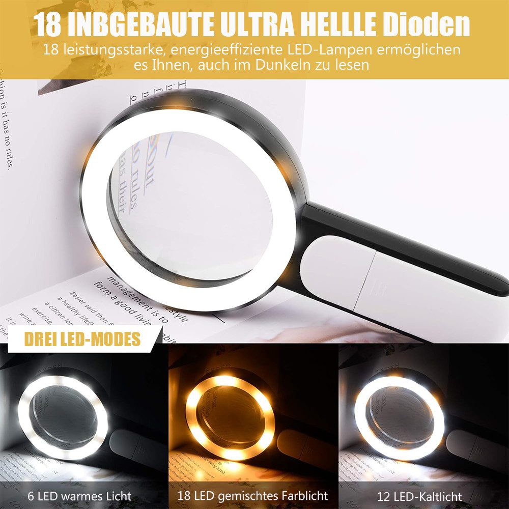 TUWENA Handlupe Lupe mit Licht, 30-Fache Leselupe, 3 Modi Handlupe mit Doppelglaslinse, Handlupe für Senioren Lesen Handwerk Münzen Briefmarken Inspektion