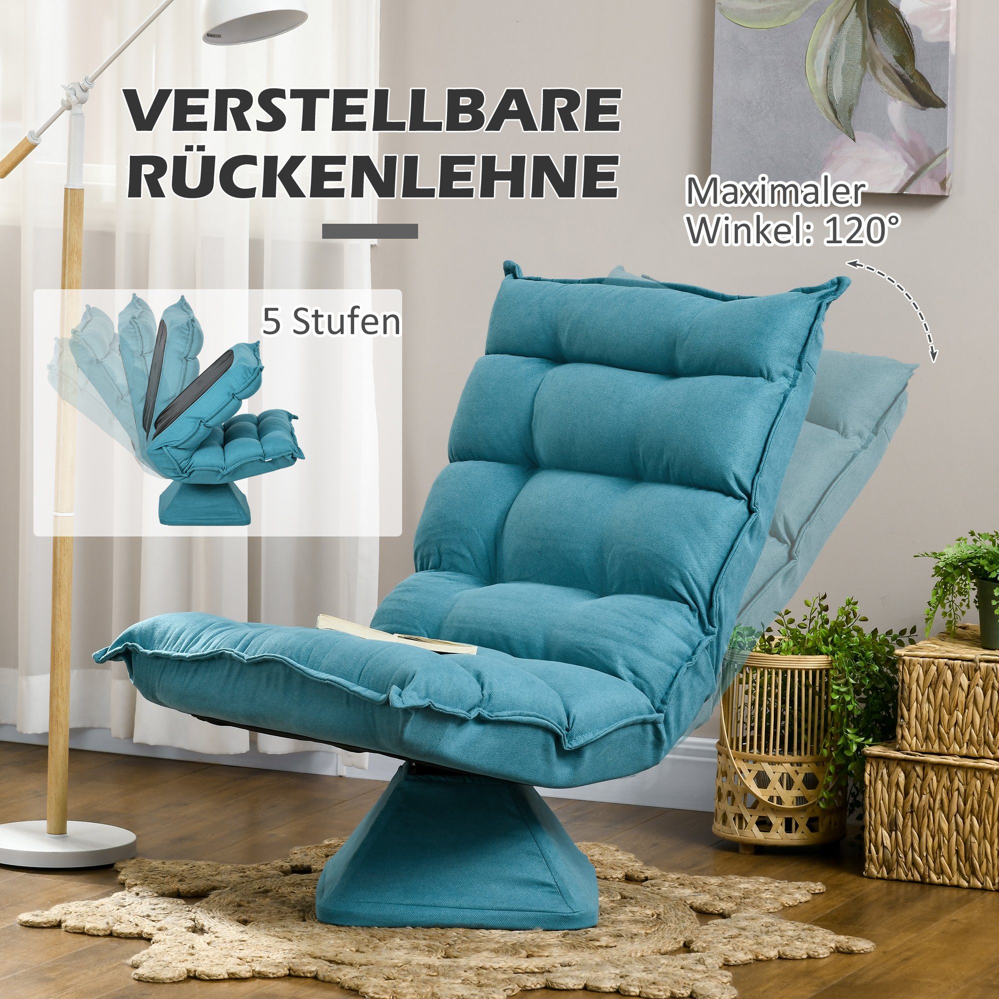 HOMCOM Relaxsessel Drehbarer Meditationsstuhl mit verstellbarer Rückenlehne, Sockel (Bodensofa, 1-St., Bodenstuhl), Lazy Sofa für Wohnzimmer, Büro, Blau – Bild 4 von 5