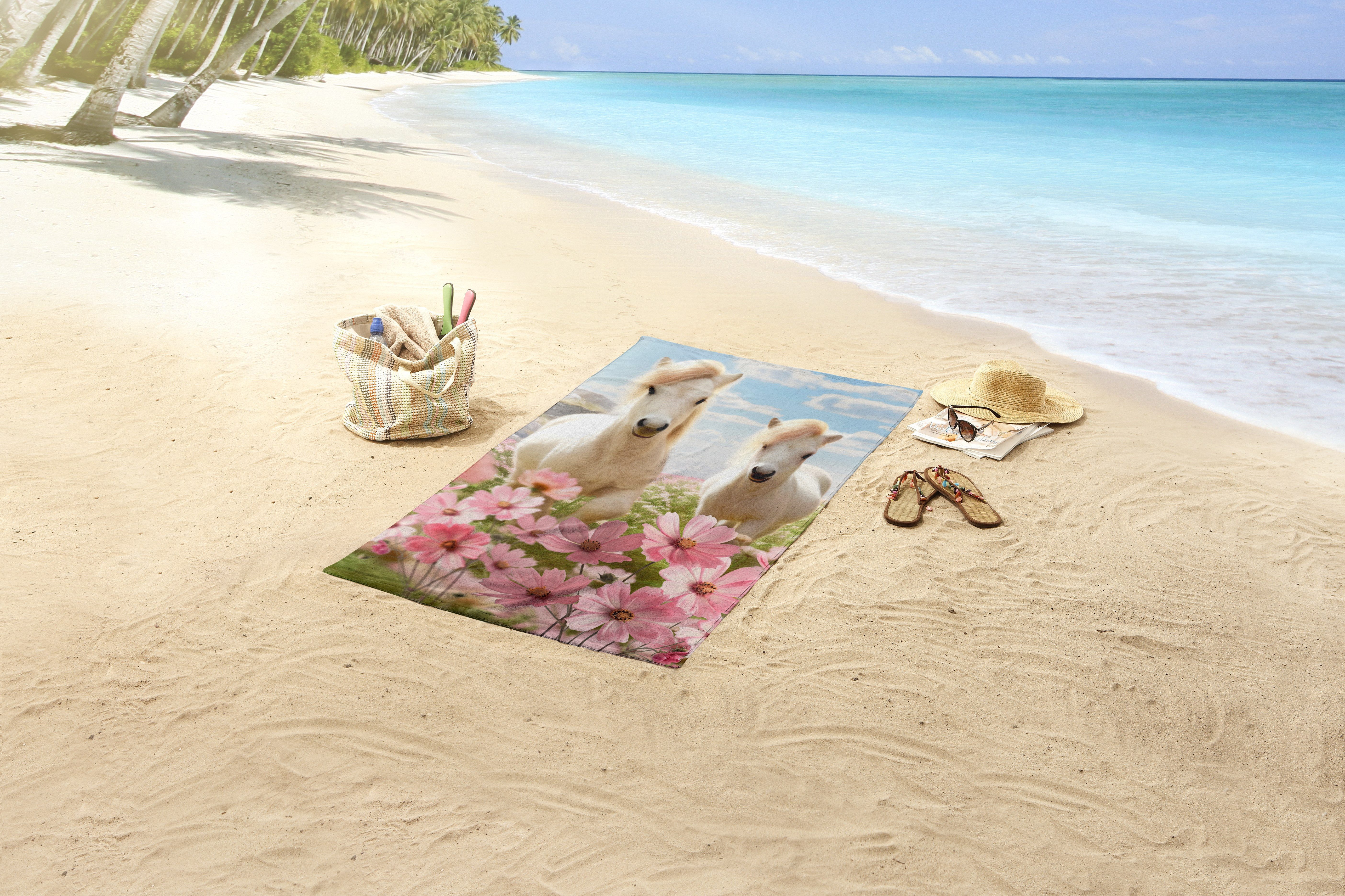 good morning Strandtuch Strandtuch 75x150 cm Frottee Philou Weiße Pferde mit Blumen rosa, Frottee (Spar Set, 1-St), 1 x Strandtuch Good Morning 75x150 cm rosa