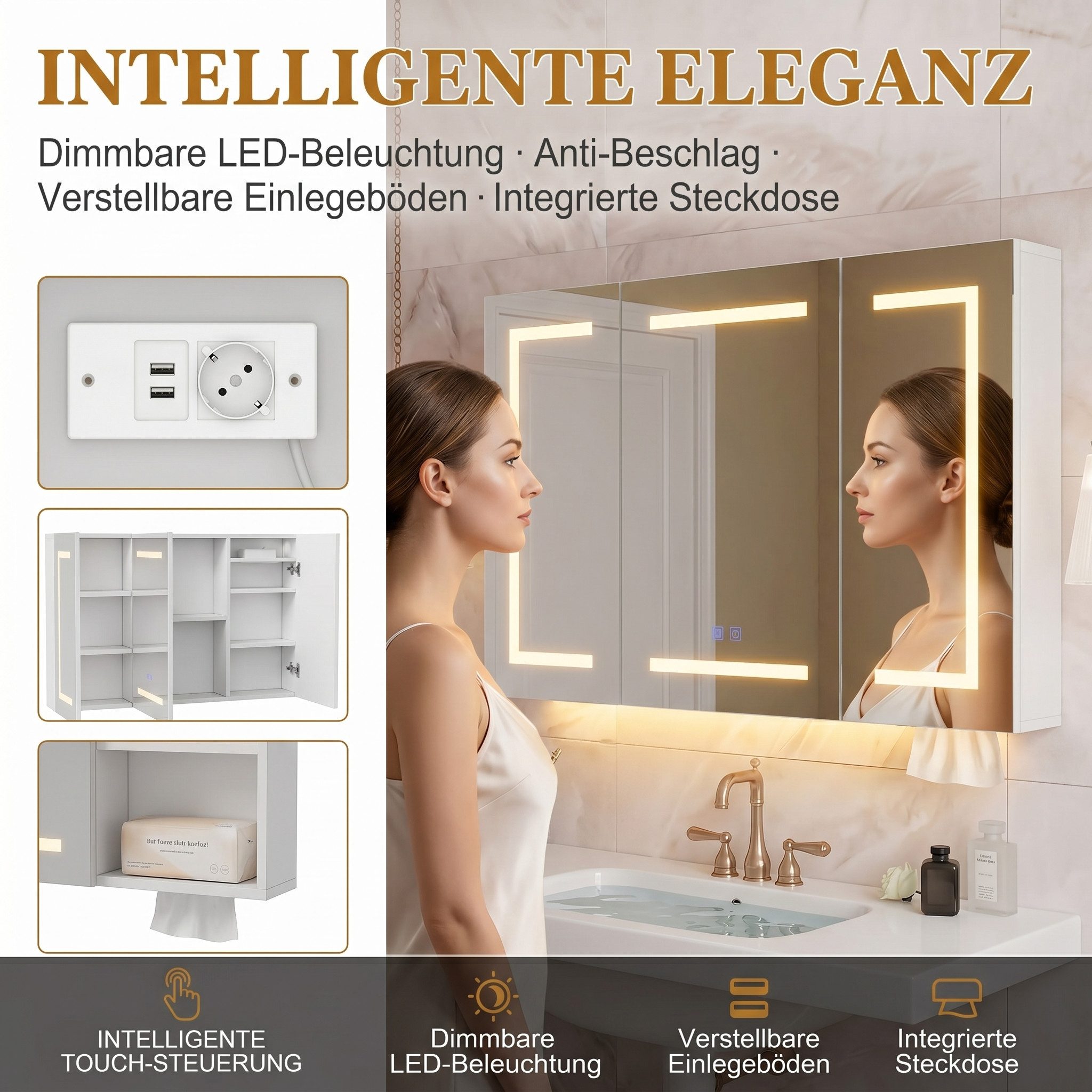 Furnishings Home Badezimmerspiegelschrank Spiegelschrank Doppeltür Hängeschrank mit LED (Einstellung der warmen und kalten Farbtemperatur 3000/4500/6400K) inkl. Steckdosen, LED-Beleuchtung, Touchschalter, Antibeschlagfunktion