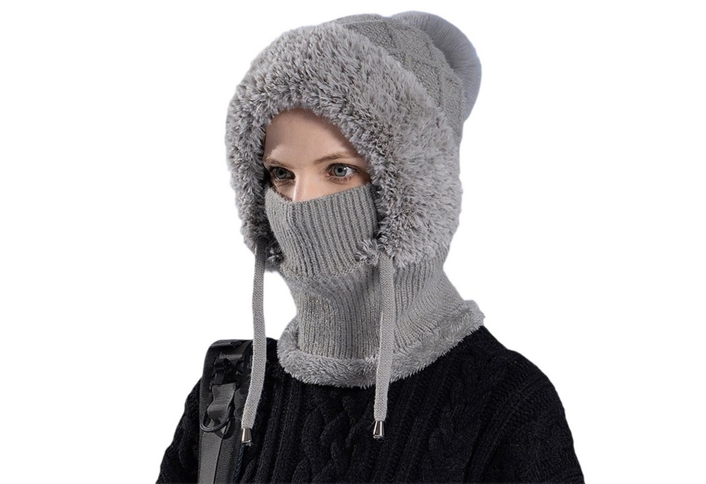 Autrucker Strickmütze Strickmütze Winter Damen Halswärmer Balaclava Einheitsgröße 3-in-1 Wintermütze mit Gesichtsmaske, Schal & Ohrenwärmer