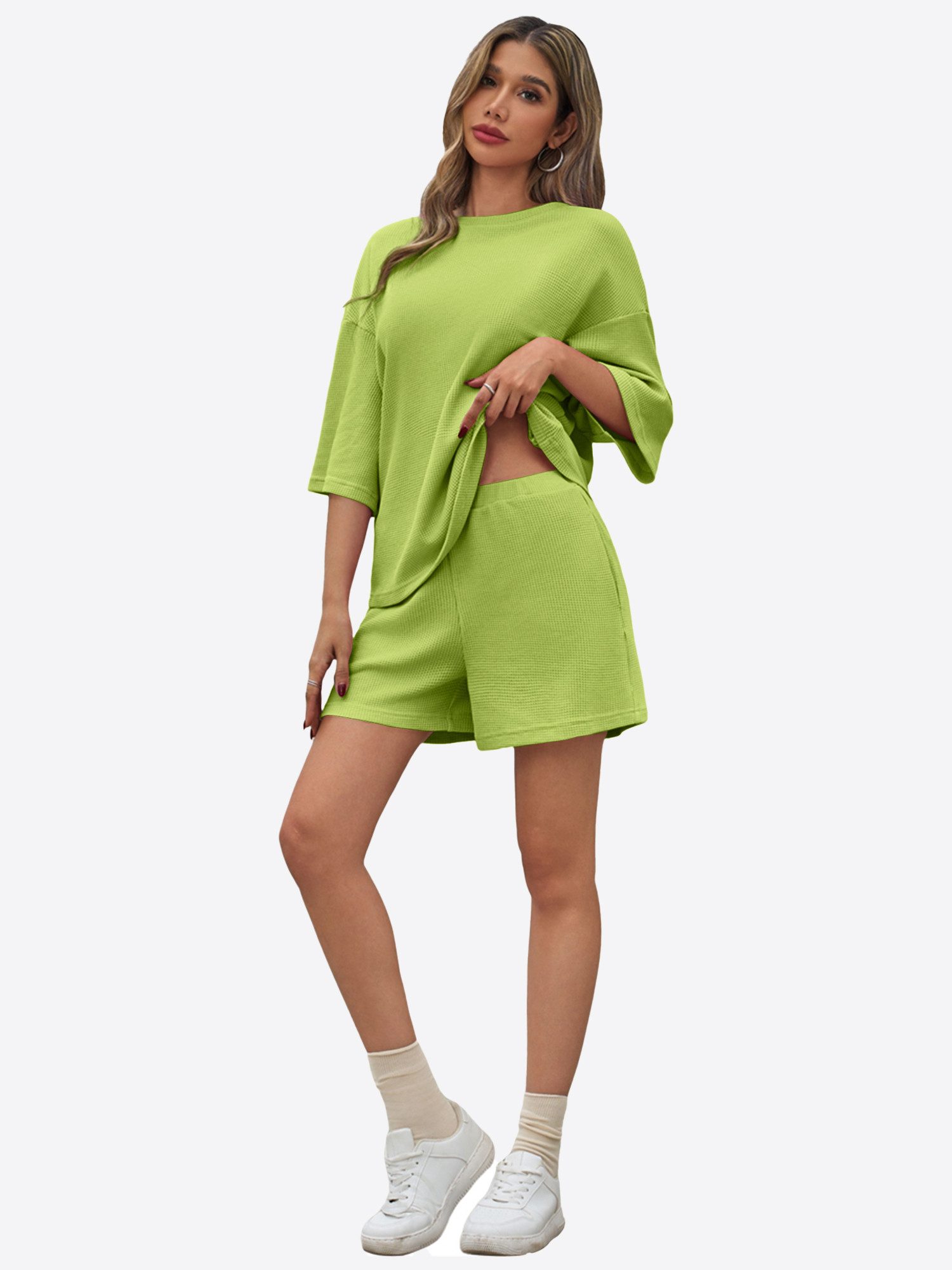 Imily Bela Hausanzug Damen 2-teiliger Freizeitanzug (Set, 2 tlg., 3/4-Arm Bluse + Shorts) in Unifarbe – Bild 3 von 5
