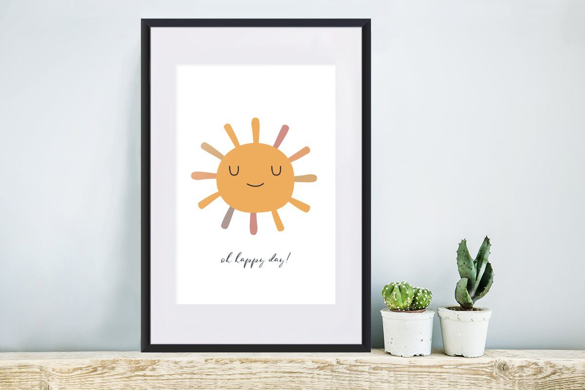 MuchoWow Poster Sonne - glücklicher Tag! - - Oh Zitate (1 Gerahmtes Kind Schwarzem Rahmen, Kunstdruck, St), Sprichwörter, Bilderrahmen - mit Poster