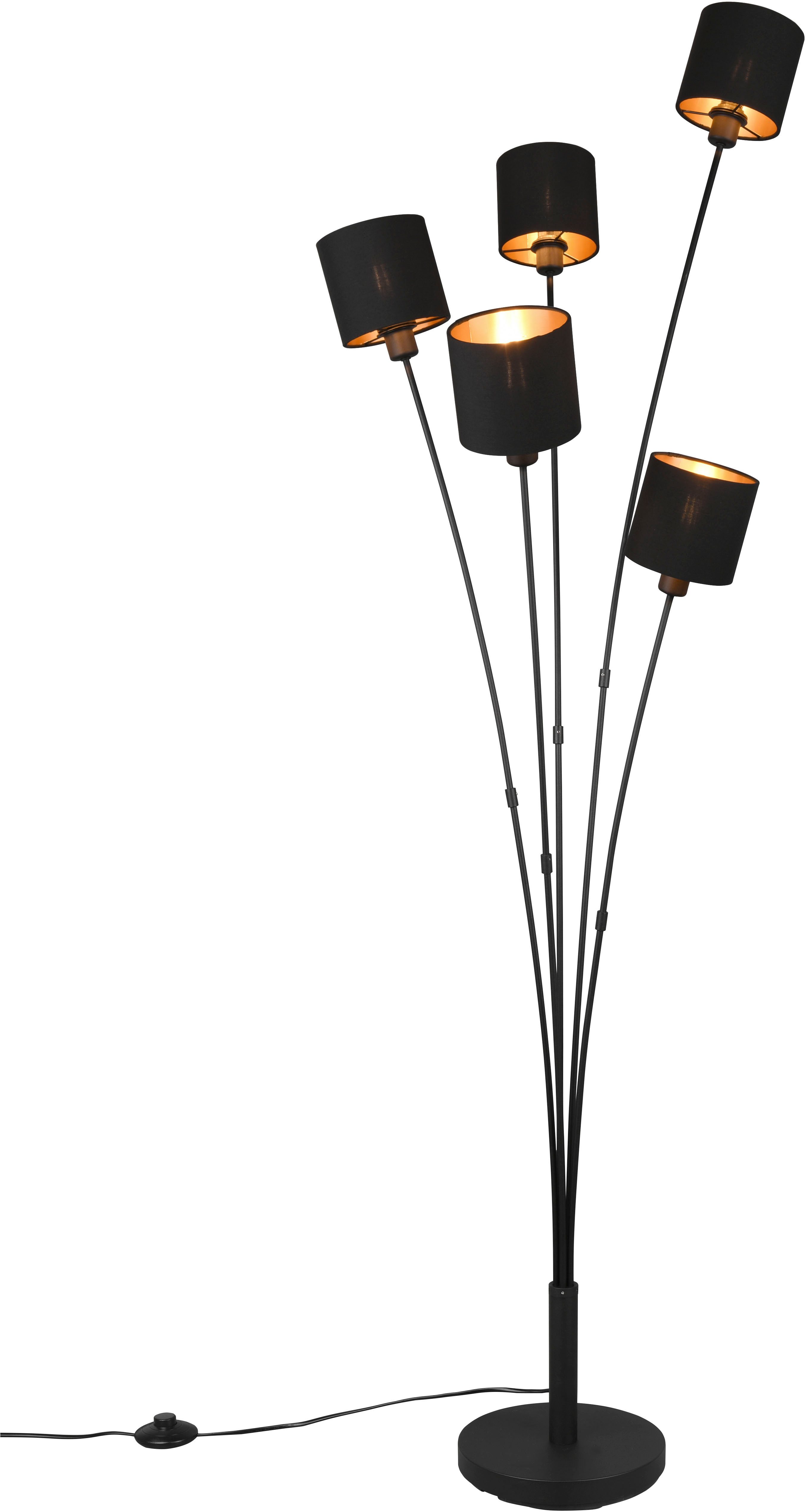 Reality Leuchten Stehlampe TOMMY, Stehleuchte 5-flammig, E14 max 40W mit Fussschalter, Ein-/Ausschalter, Leuchtmittel wechselbar, warmweiß - kaltweiß, Stehlampe Wohnzimmer mit Stoffschirmen in modernem schwarz-gold