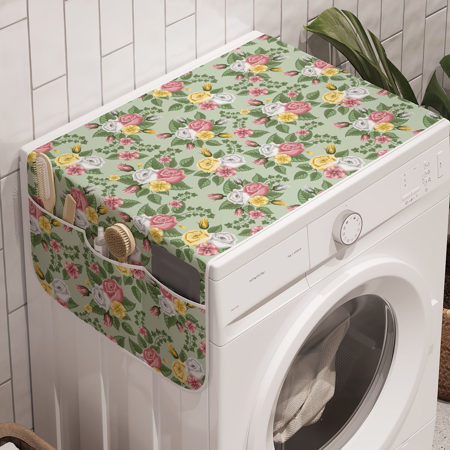 Abakuhaus Badorganizer Anti-Rutsch-Stoffabdeckung für Waschmaschine und Trockner, Romantisch Englisch Garten Bouquets