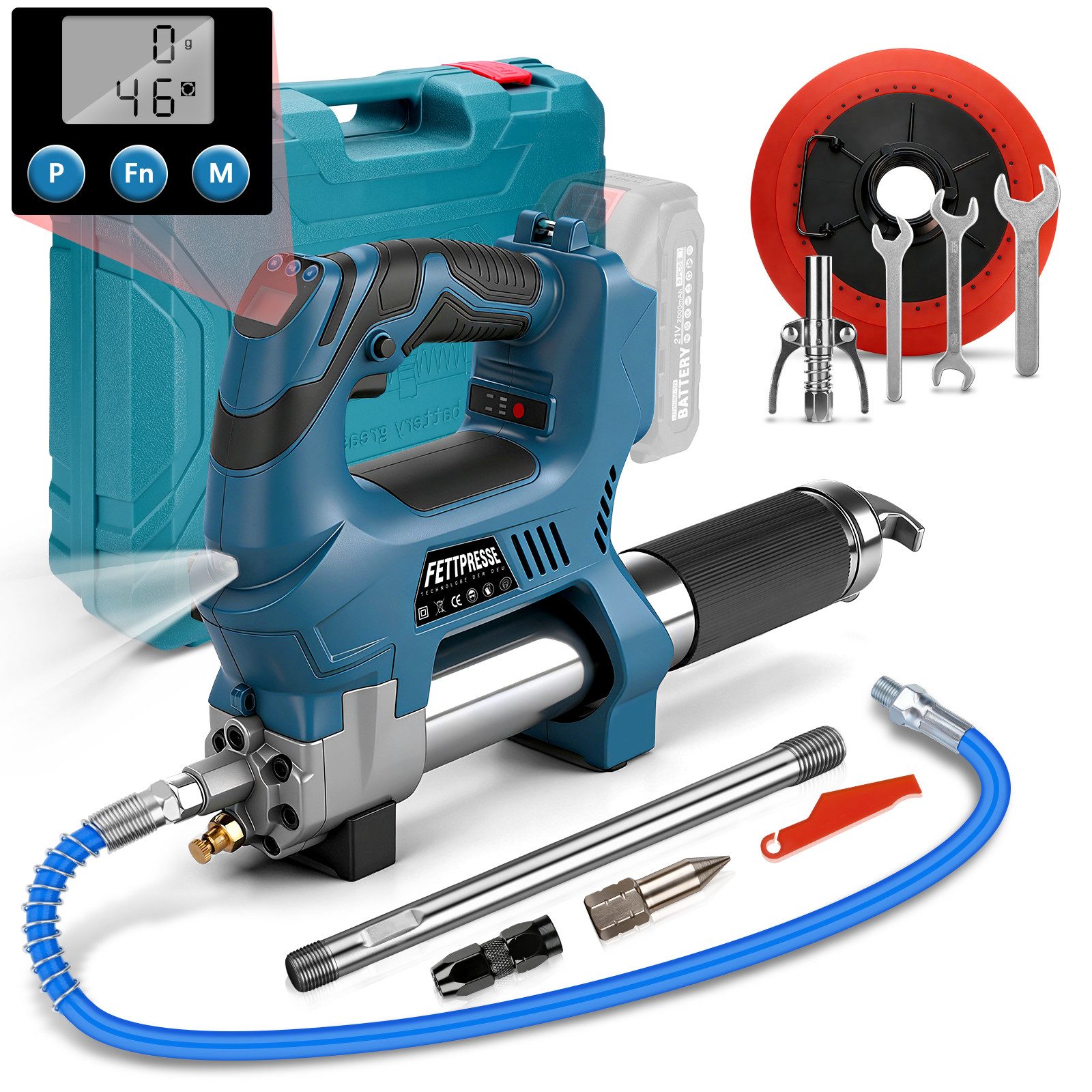 XERSEK Akku-Kartuschenpistole 15000PSI Akku-Fettpresse mit 3 Düse, LED-Licht, Elektro Schmierpistole, (Mengenzähler, 1m Schlauch, Zyklische Dosierung Kompatibel Makita Akkus, 18cm Verzinktes Rohr), Zwei Befüllarten: Kartusche, Fettbehälter. Für Lager, Maschinen u.v.m.