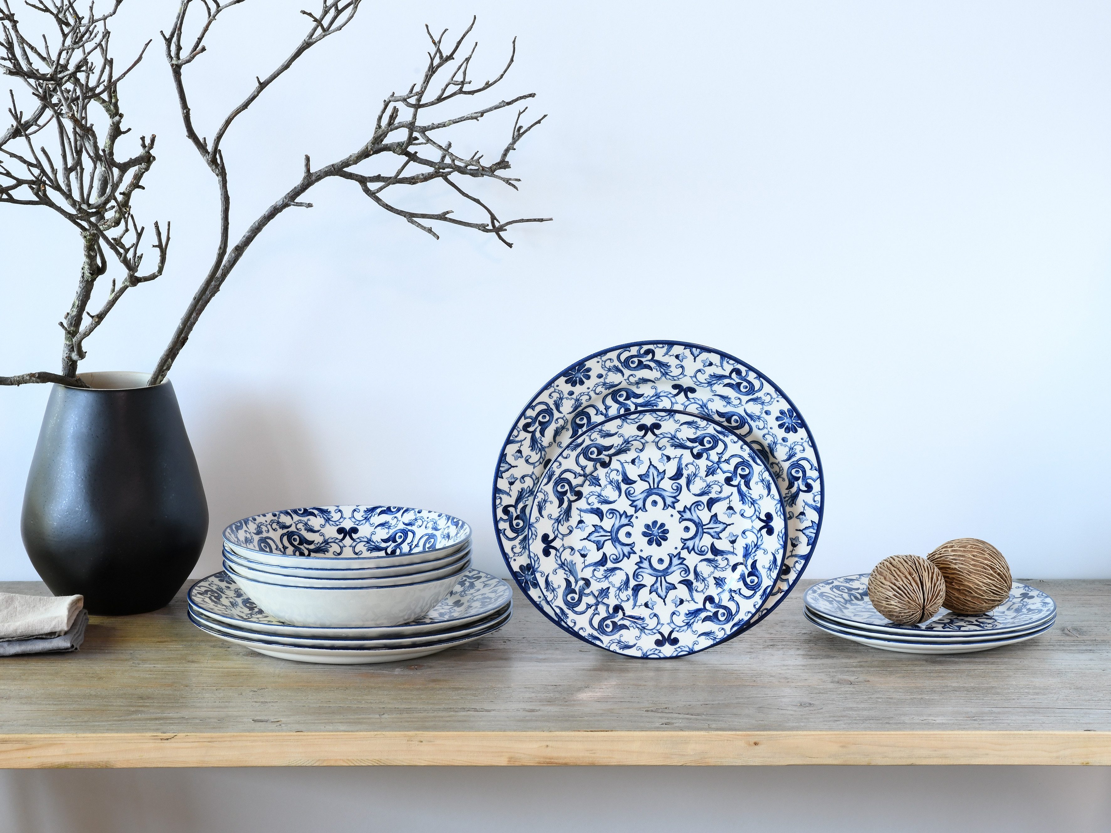 CreaTable Teller-Set Fresco Blau, Teller Set 12-tlg (12-tlg), 4 Personen, Steingut, Ornamentmotiv, Mediterran
