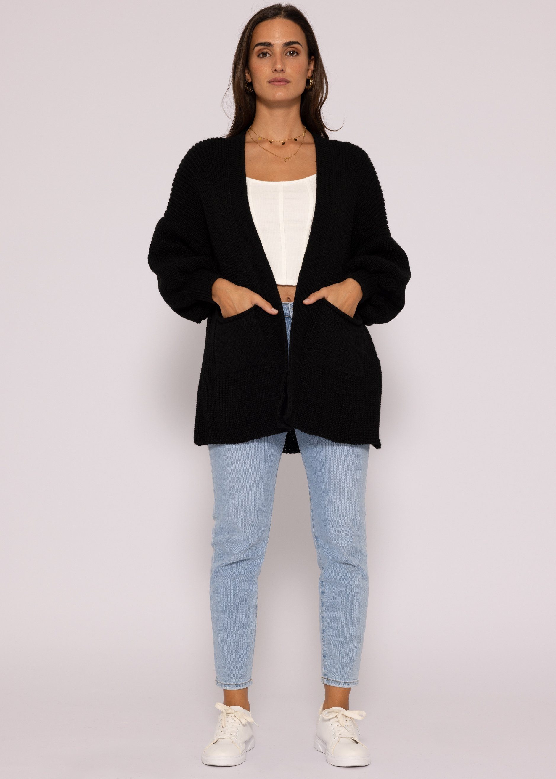 SASSYCLASSY Cardigan Oversize Strickjacke Damen aus weichem Grobstrick Lässiger Strick Cardigan mit Taschen und Ballonärmeln, Made in Italy – Bild 4 von 5