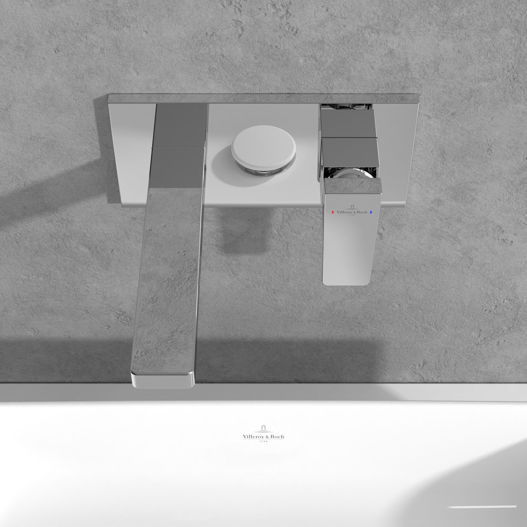Villeroy & Architectura Wandmontage Push-Open-Ablaufgarnitur, Chrom mit Waschtischarmatur - Square Boch Einhebel