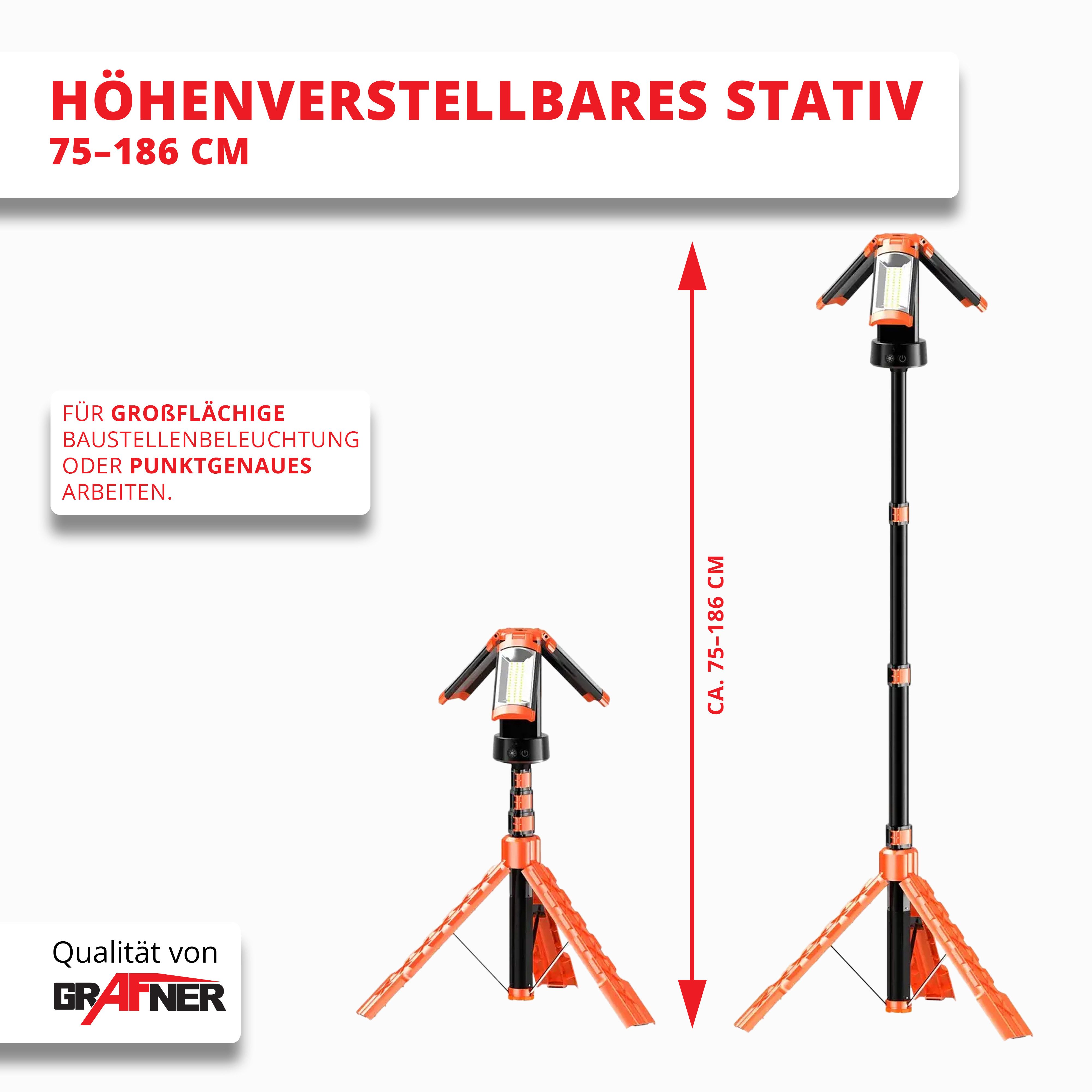 Grafner LED Baustrahler Grafner Akku Baustrahler Arbeitslampe LED mit Stativ, LED fest integriert, Akkubetrieb, LED