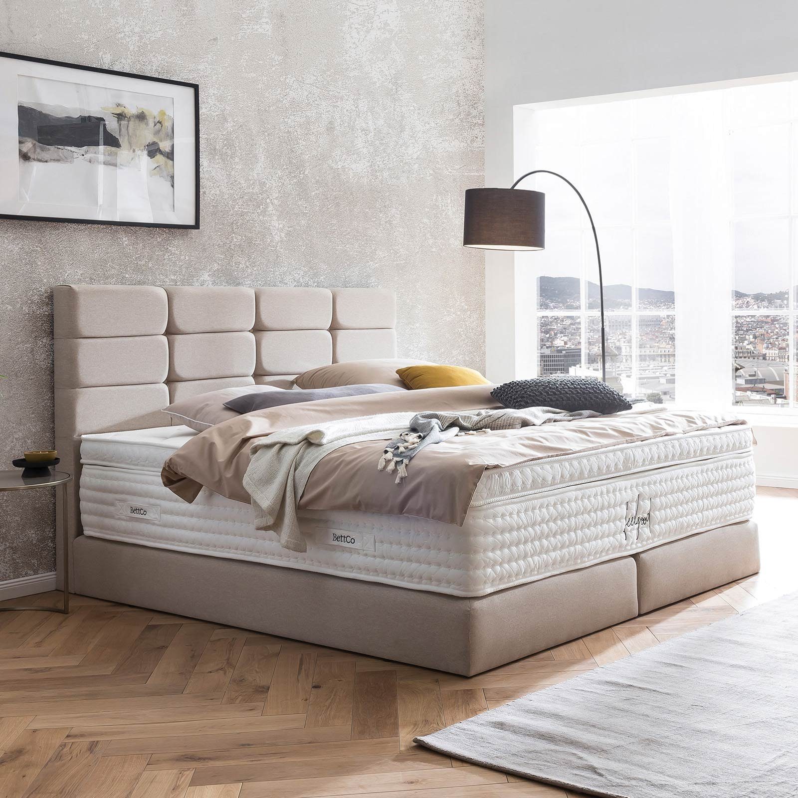 BettCo Boxspringbett Beige Kansas cm), optionaler Kachel-Design Gleiterfüße + (in Webstoff, x 140 200 Topper