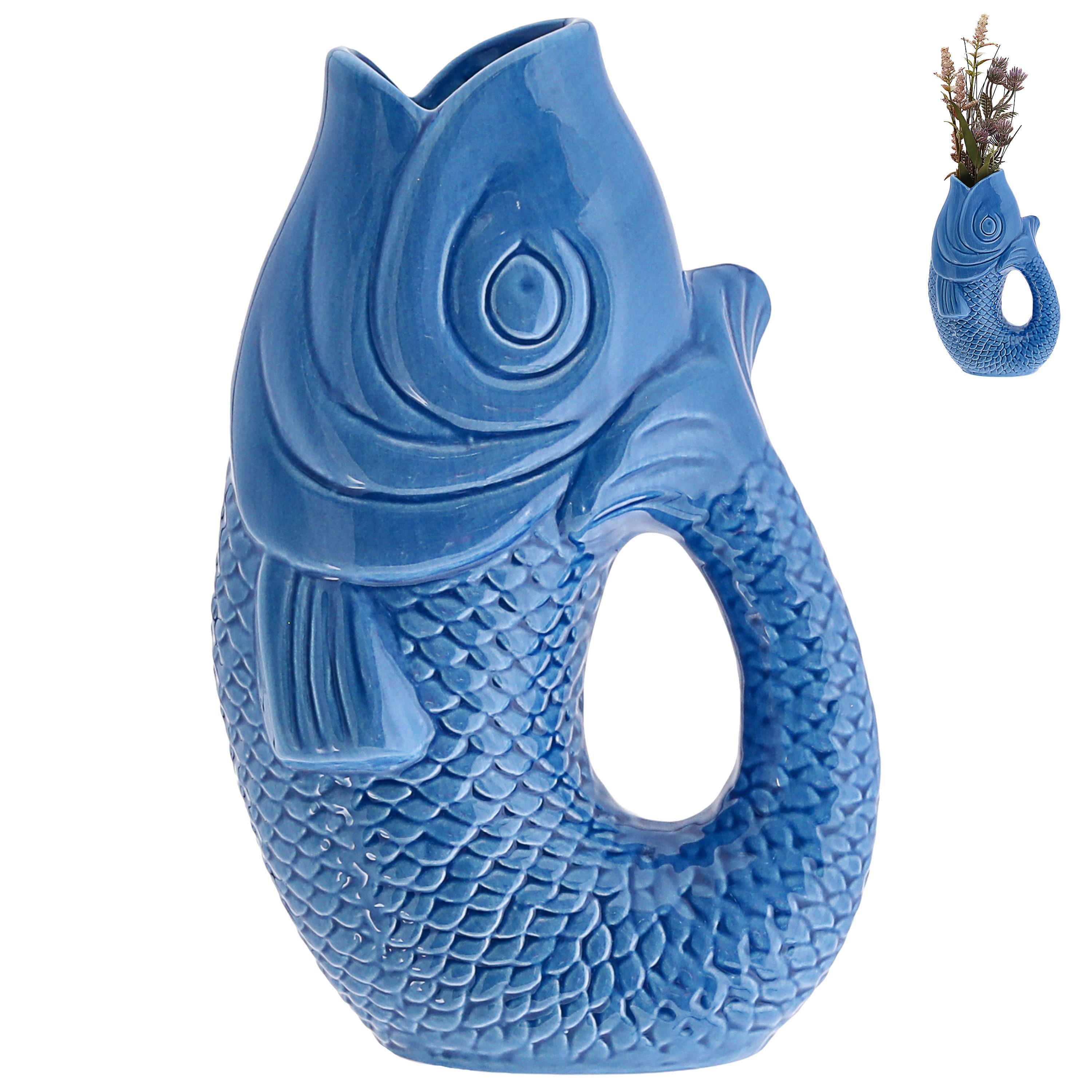 CEPEWA Dekovase Vase Fisch 'Blubb' 13,5x21x9cm Dolomit blau Blumenvase Tischvase Griff