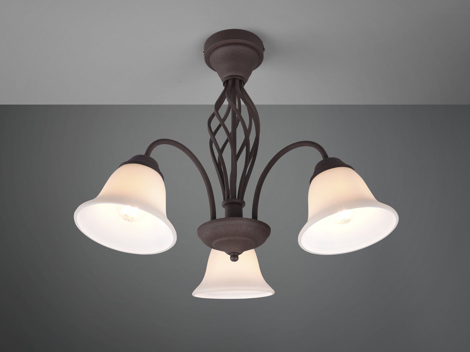 TRIO Leuchten LED Deckenleuchte, Dimmfunktion, LED wechselbar, extern dimmbar, Warmweiß, groß-e im Landhaus-stil Rostoptik mit 3 Glas Lampenschirmen, Ø 55cm