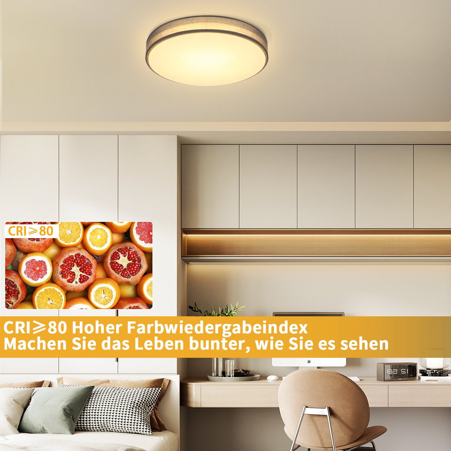 Nettlife LED Deckenleuchte LED Warmweiß, fest Fernbedienung mit Neutralweiß, Rund Flur Schlafzimmer Modern Schlafzimmer integriert, Kaltweiß, Grau, Dimmbar 38CM Stoff Wohnzimmer