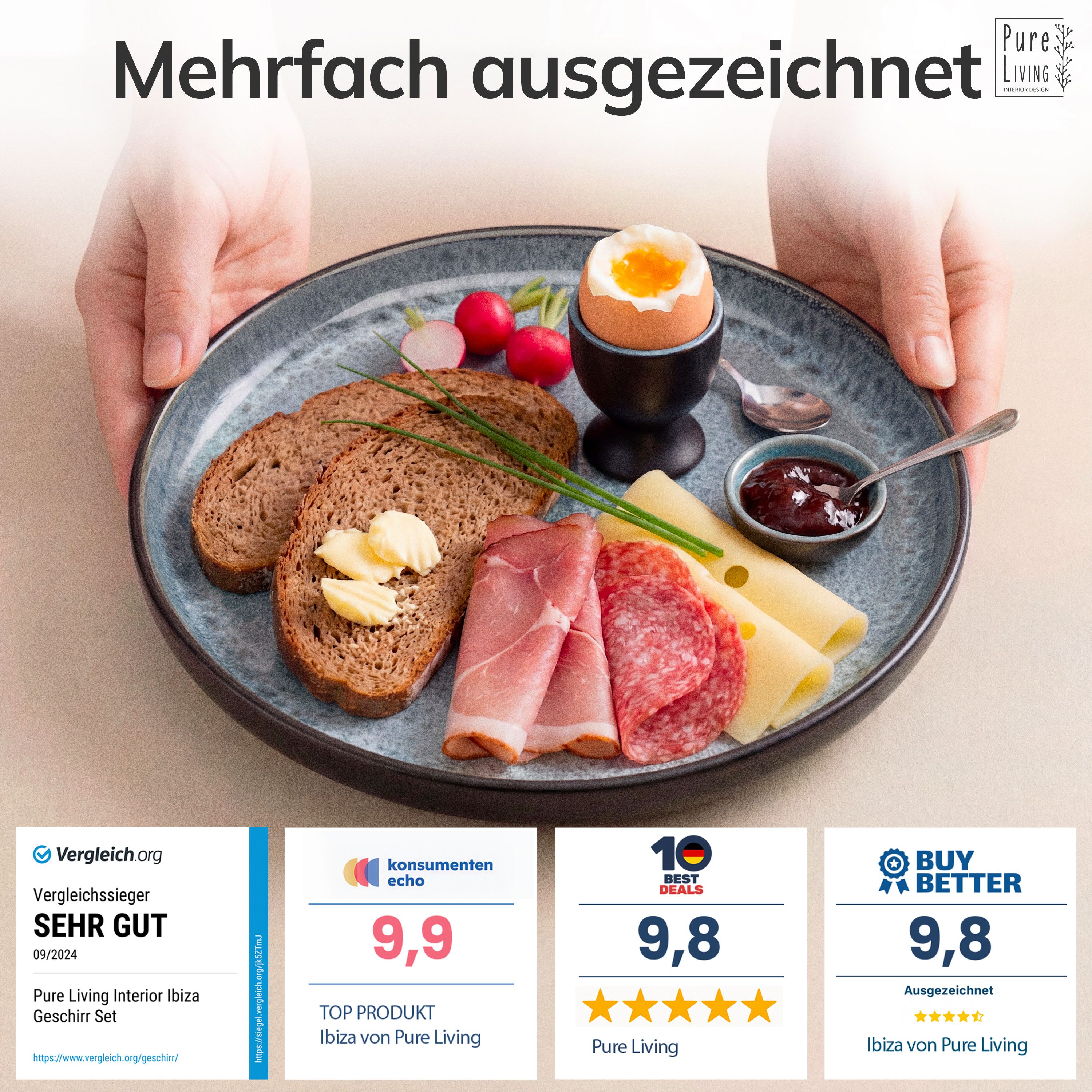 PURE LIVING INTERIOR DESIGN Geschirr-Set Ibiza Dessertteller, Frühstückteller, 6er-Set, 20 cm, Grau (6-tlg), 6 Personen, Steingut – Bild 3 von 5