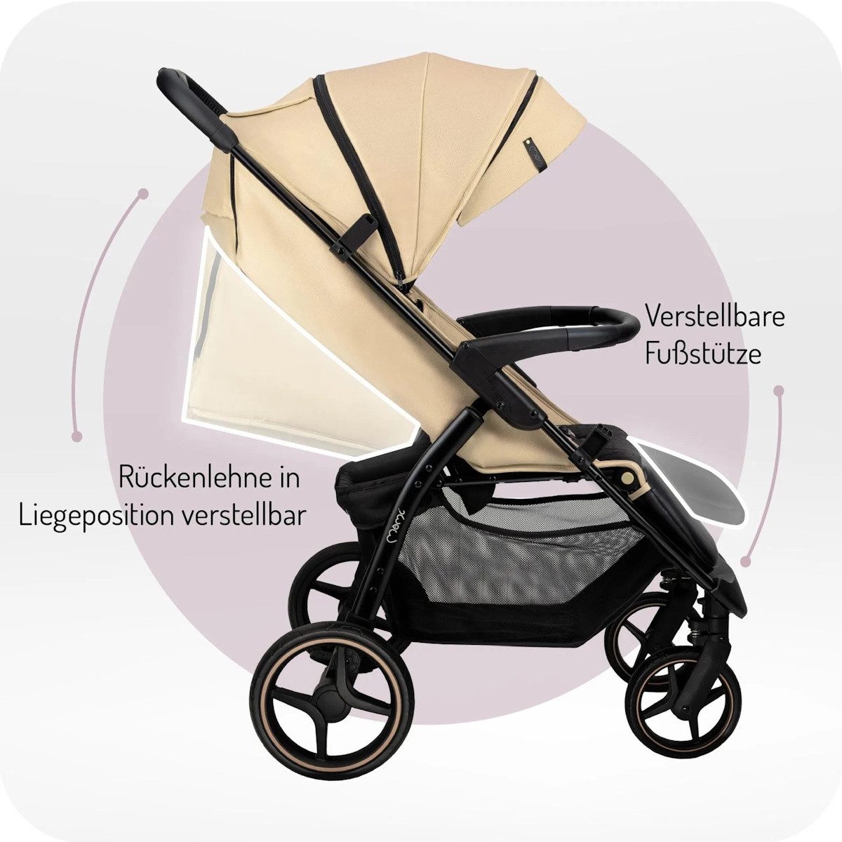 MoMi Kinder-Buggy MIYA EVA Buggy mit Einhand-Faltung, XL-Räder, Zubehör, Beige, Einhand-Faltmechanismus, doppelte Faltsicherung, 4-Rad-Federung