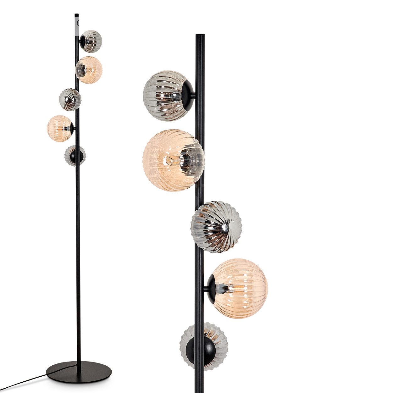 Stehlampe Stehlampe aus Metall/Riffelglas in Schwarz/Rauch/Bernstein