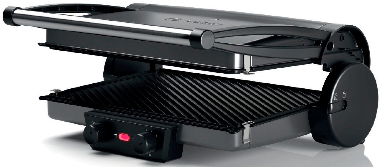 BOSCH Kontaktgrill TCG4215, 3-in1-Kontaktgrill, Temperaturregler, einfache Reinigung, 2000 W, Fettablaufrinne, Auflaufform, herausnehmbare Aluminium-Grillplatten
