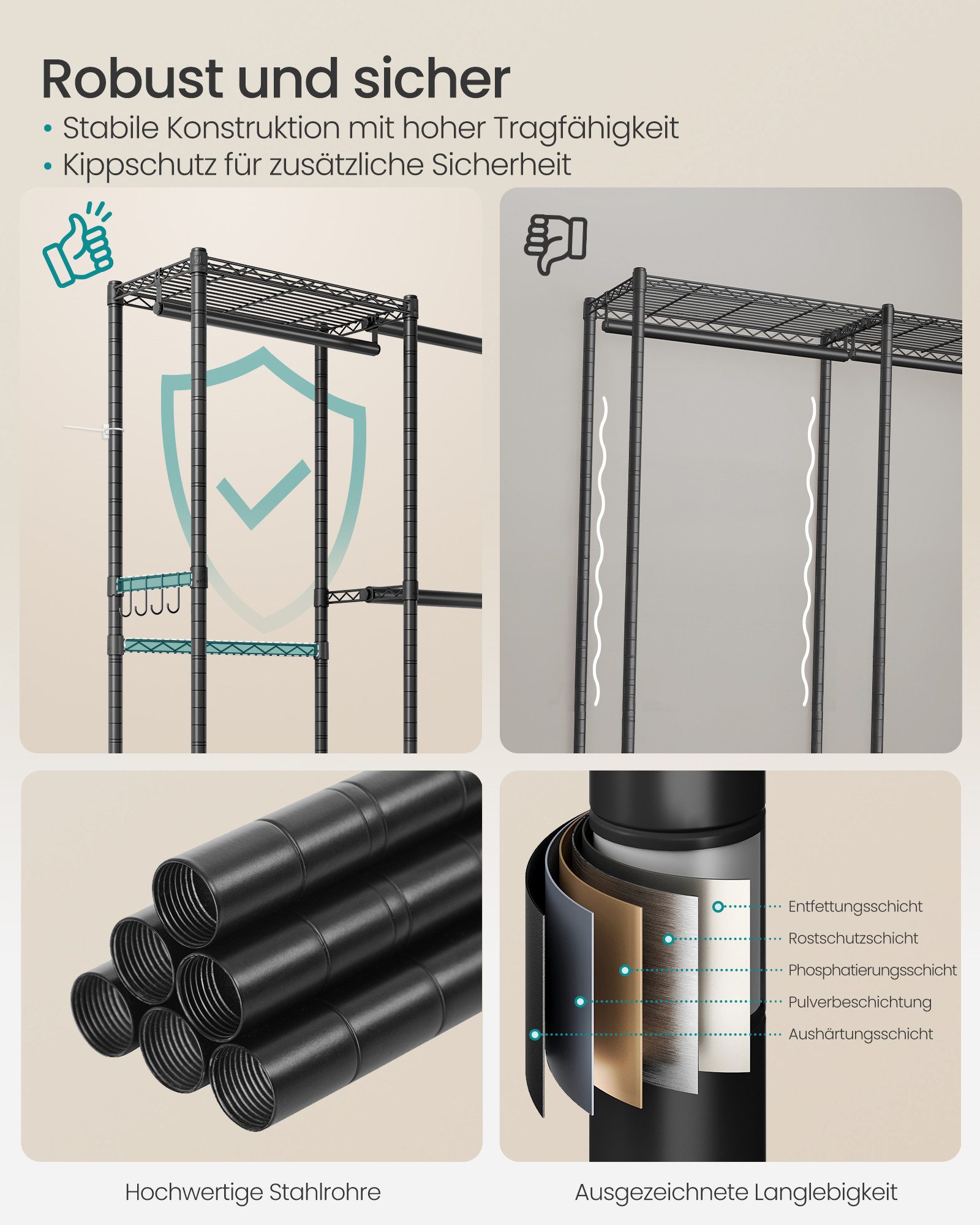 SONGMICS Kleiderständer offener Kleiderschrank, mit verstellbaren Ablagen und Kleiderstangen, Haken – Bild 5 von 5