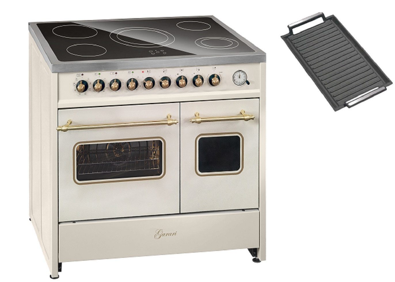 GURARI Elektro-Standherd Glaskeramik Herd 90 cm Creme Range Cooker Elektro Doppelbackofen GCH E 912 DF Cr r+Grillplatte., mit 1-fach-Teleskopauszug