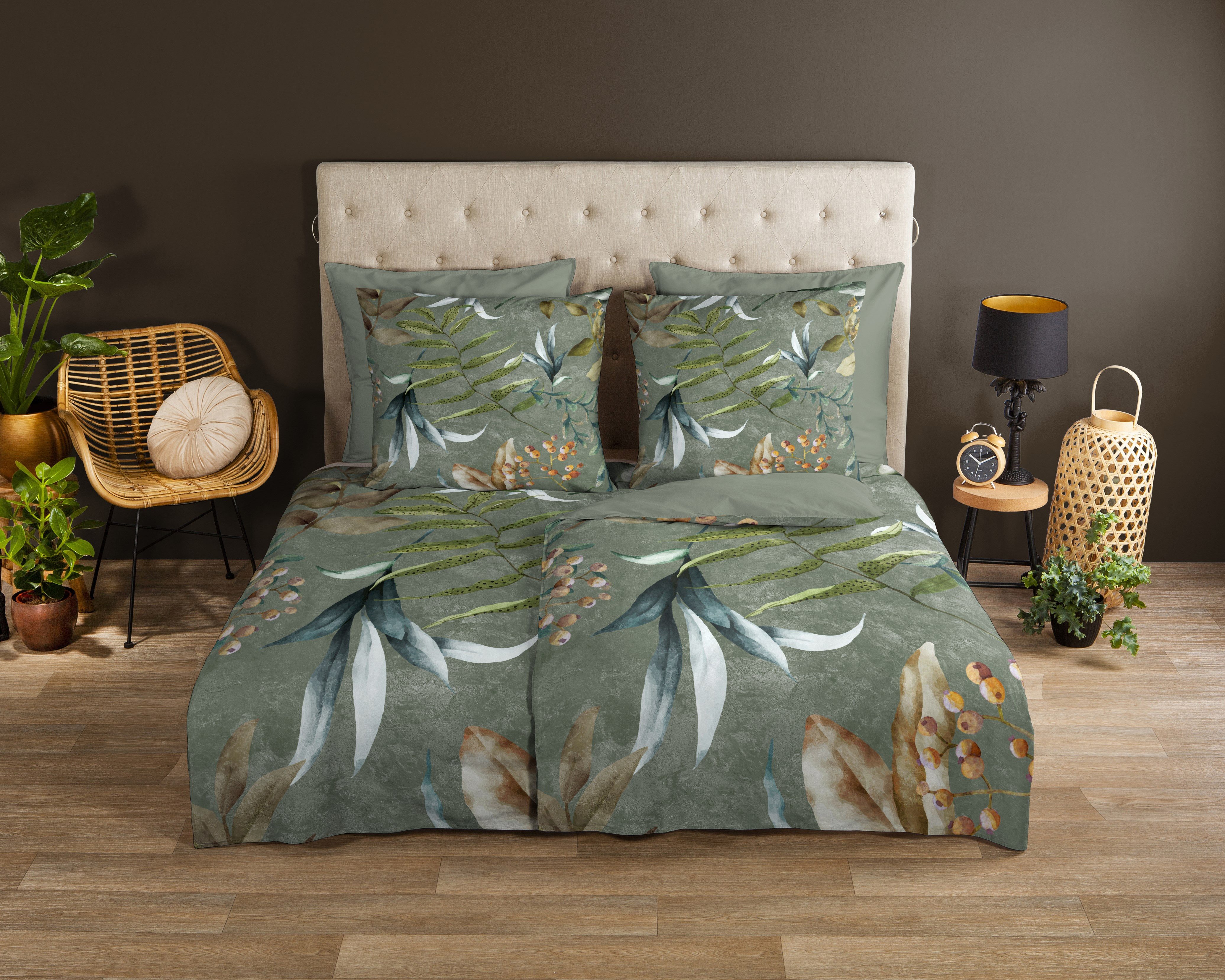 good morning Wendebettwäsche Janika, Renforcé, 2 teilig, 100% Baumwolle, Renforcé, Reißverschluss, Wendeoptik, Blätter, grün