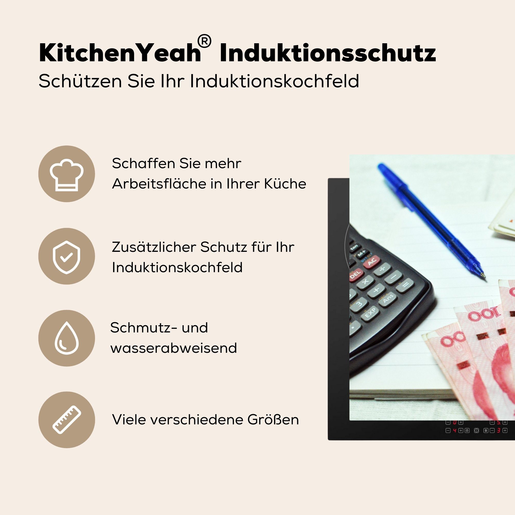 Herdblende-/Abdeckplatte Schutz MuchoWow küche, (1 Induktionskochfeld Ceranfeldabdeckung 81x52 cm, für Vinyl, Renminbi-Geld auf die Notizblock, Chinesisches tlg), einem