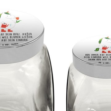 Mr. & Mrs. Panda Vorratsglas XL 2000ml Einhorn Gärtner - Weiß - Geschenk, Vorratsbehälter, Einhörn, Premium Glas, (1-tlg), Vielseitig einsetzbar