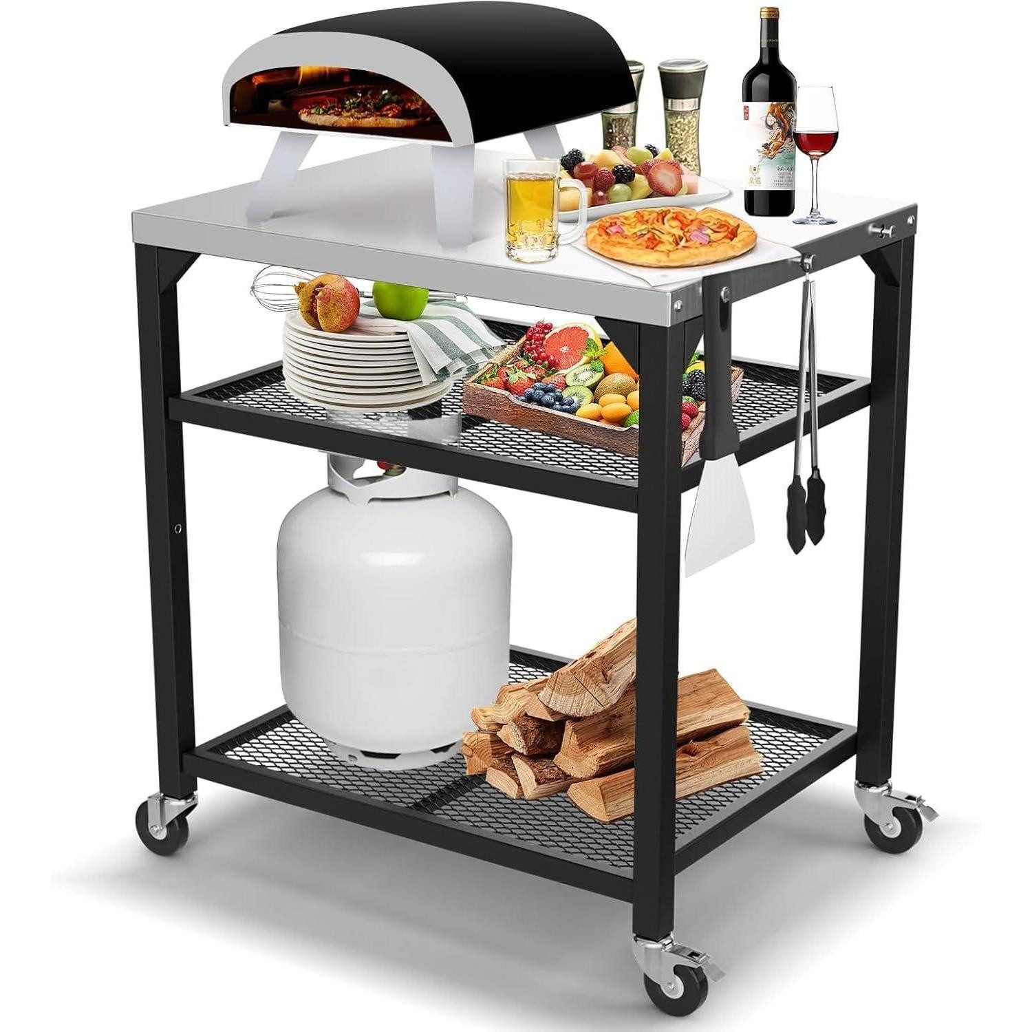 LuxusKollektion Grillablagetisch Pizzaofen Tischwagen Edelstahl Grillständer Grillwagen mit 3 Etagen