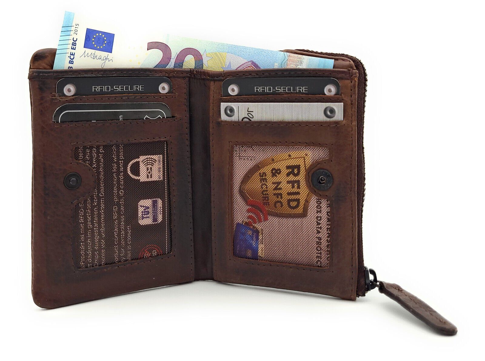 Schutz, mit Rindleder, Leder dunkelbraun Geldbörse Format, echt Mini RFID gewachstes Portemonnaie CLUB kompaktes JOCKEY vintage,