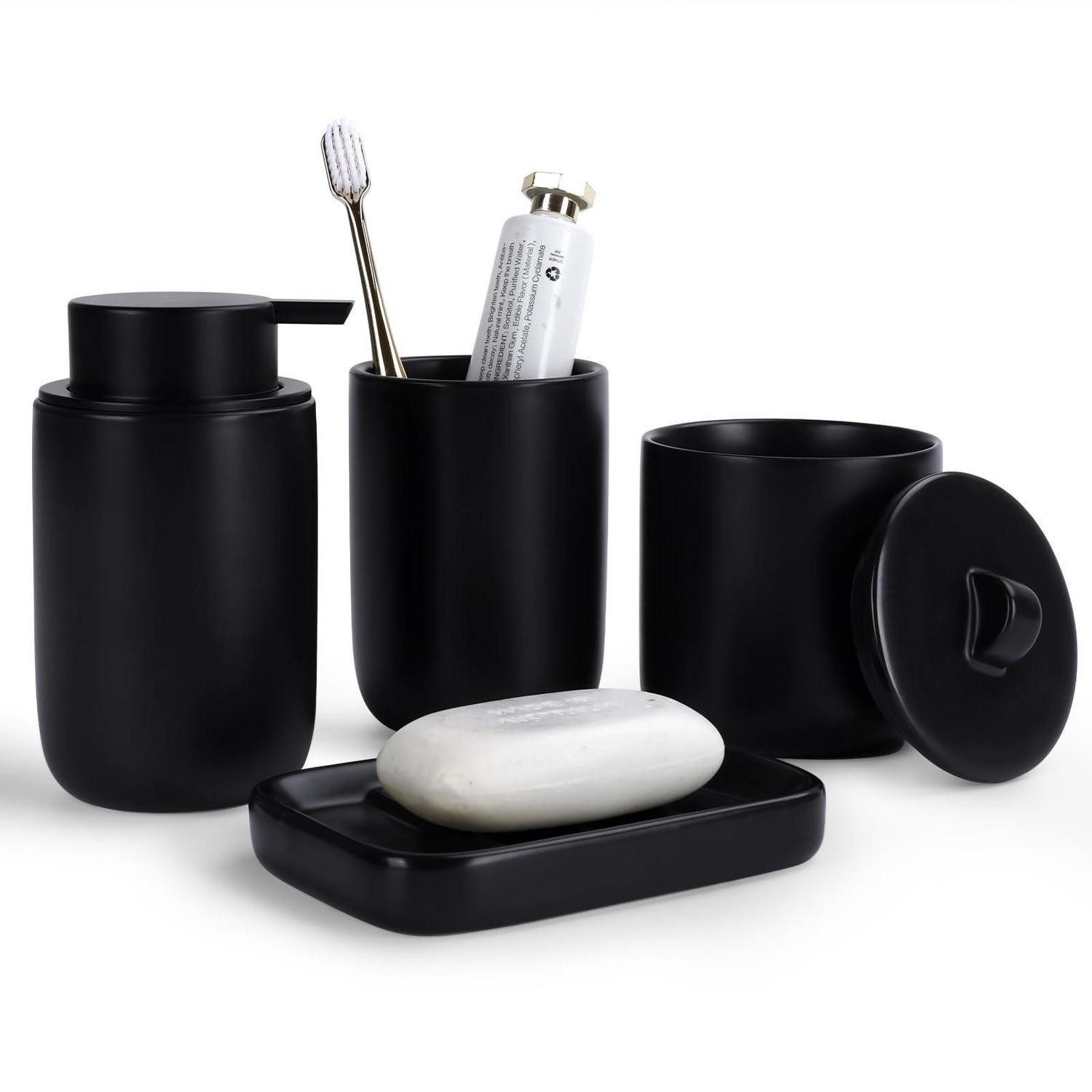 LuxusKollektion Seifenspender Badezimmer-Set Keramik 4-teilig Schwarz