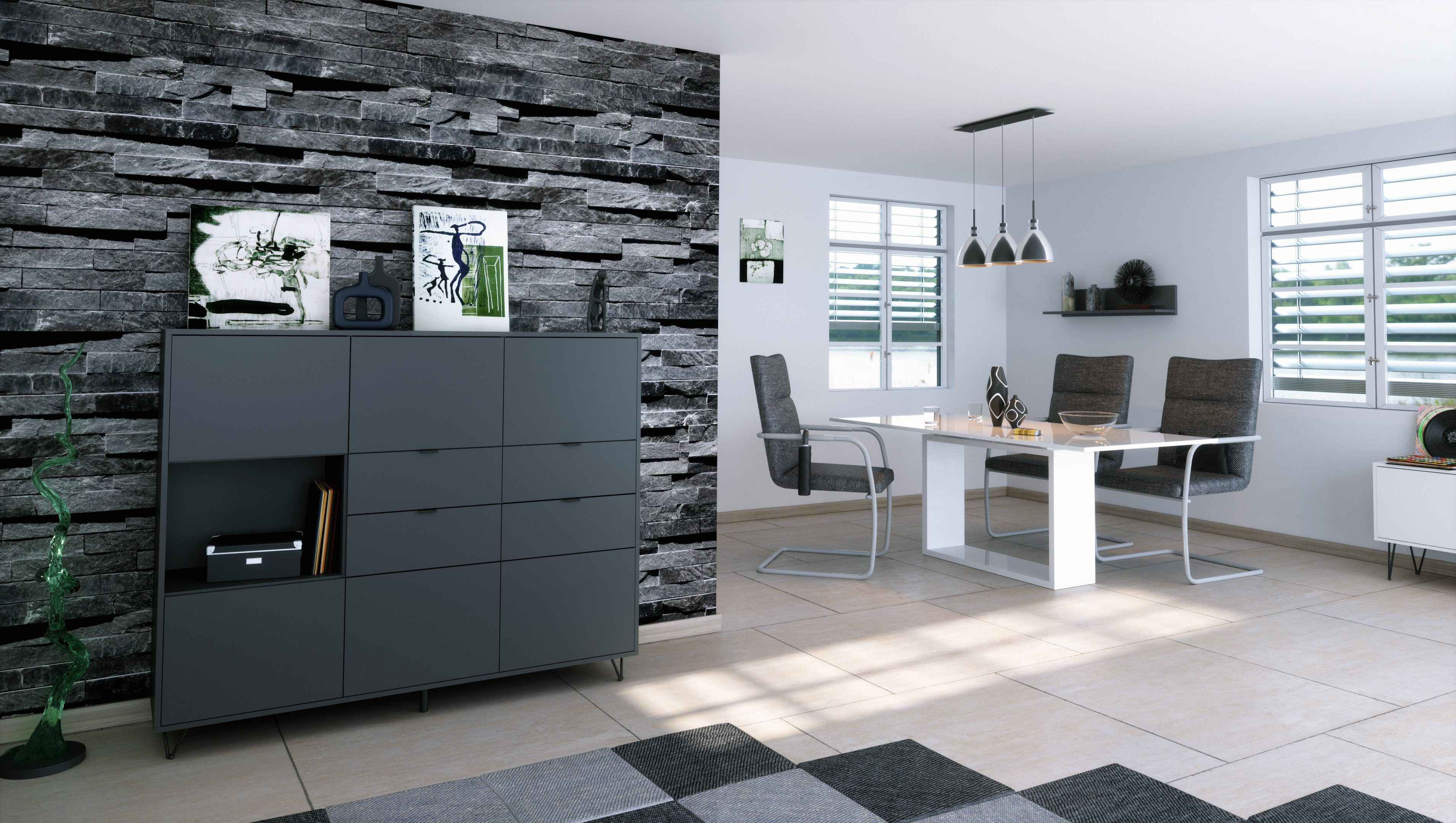 Vladon Highboard Marino V2 (Highboard mit 6 Türen Anthrazit matt, 4 Schubladen Anthrazit matt, Made in Germany), Korpus Anthrazit matt (152,5 x 125,5 x 37 cm)