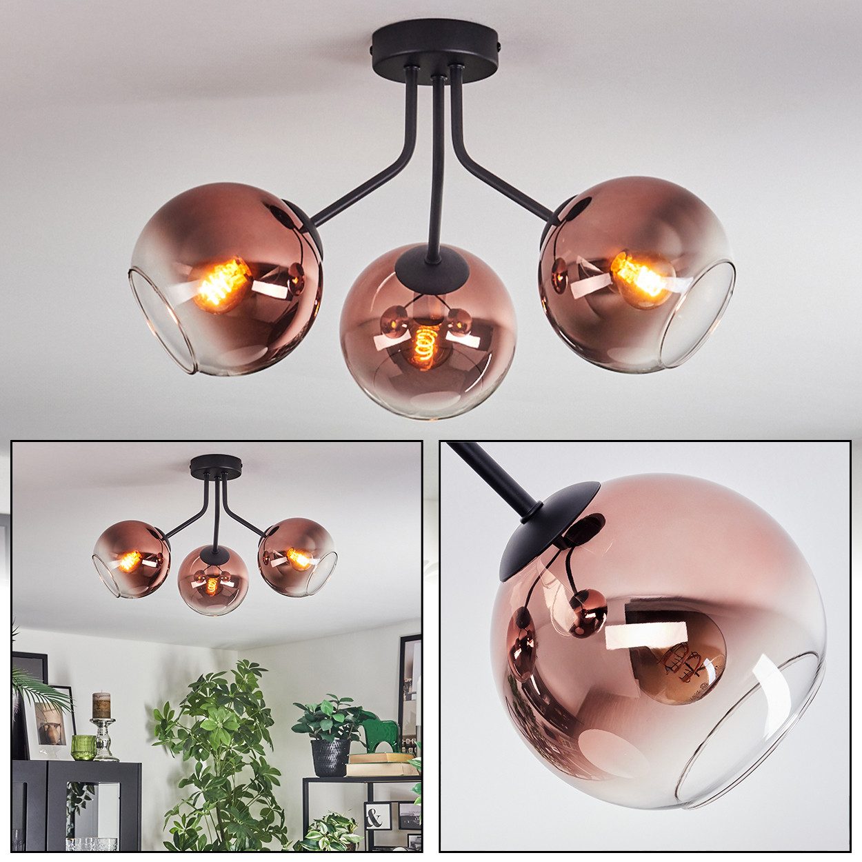 hofstein Deckenleuchte Deckenlampe aus Metall/Glas in Schwarz/Kupferfarben/ günstig online kaufen