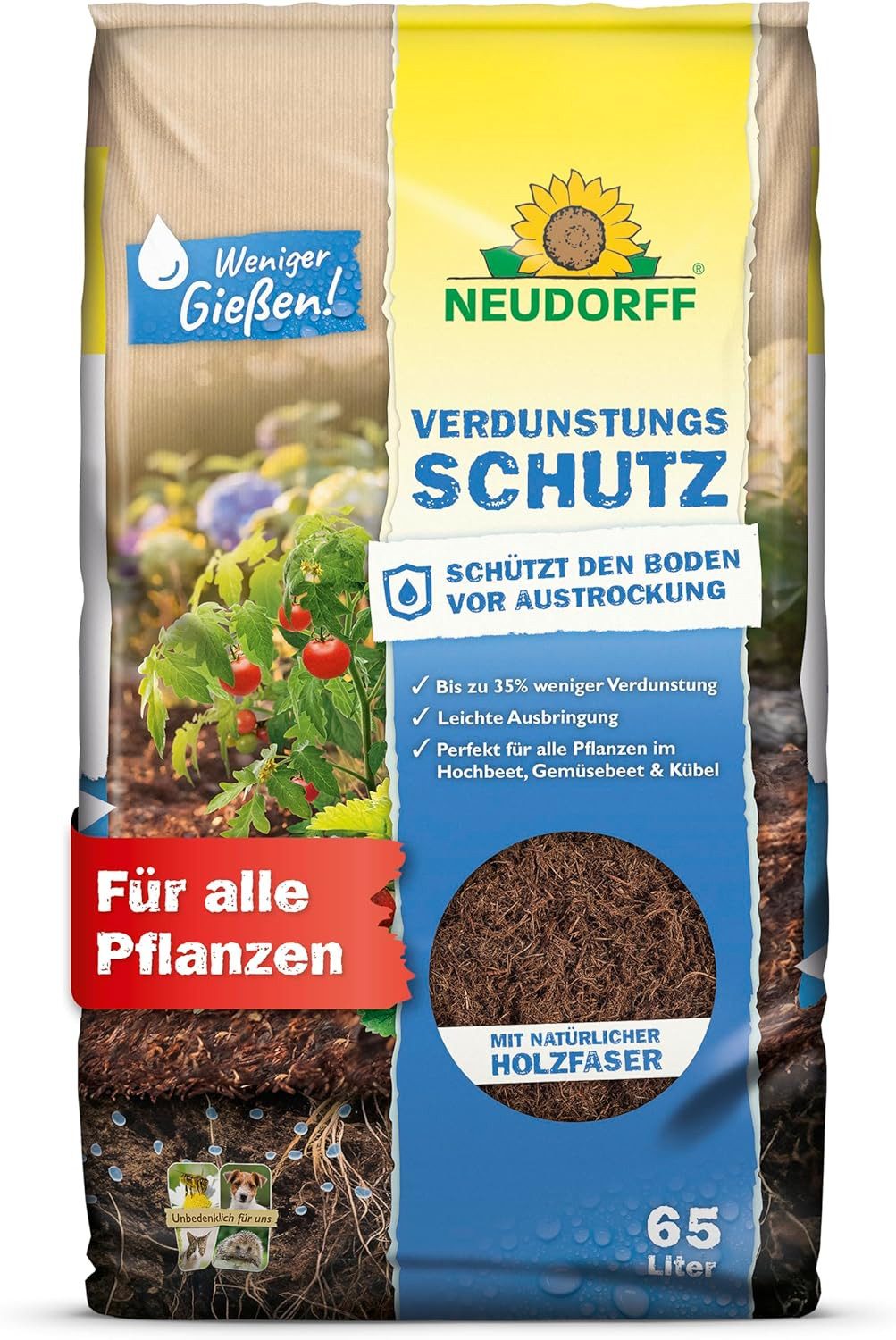 Neudorff Rindenmulch Verdunstungsschutz, 65 l, (65 L für ca. 3 m² bei 2–3 cm Schichtstärke, Bodenabdeckung aus Holzfaser und Rindenmulch), Reduziert die Verdunstung um bis zu 35 %